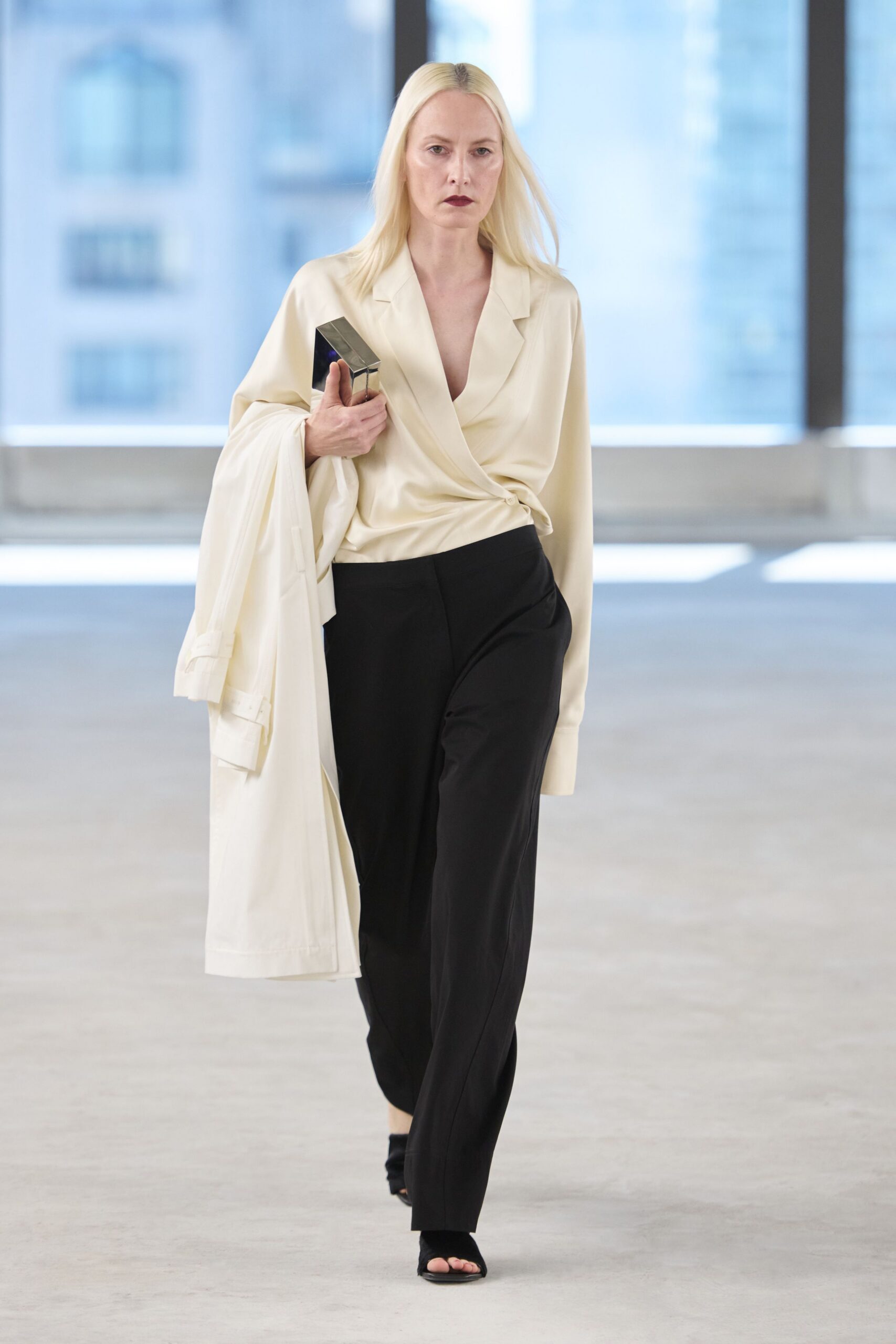 white silk blouse black pants