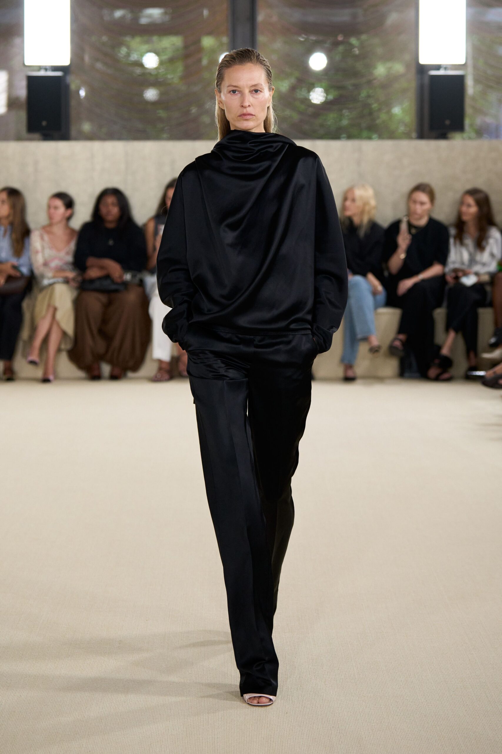black silk long-sleeve high-neck relaxed draped top