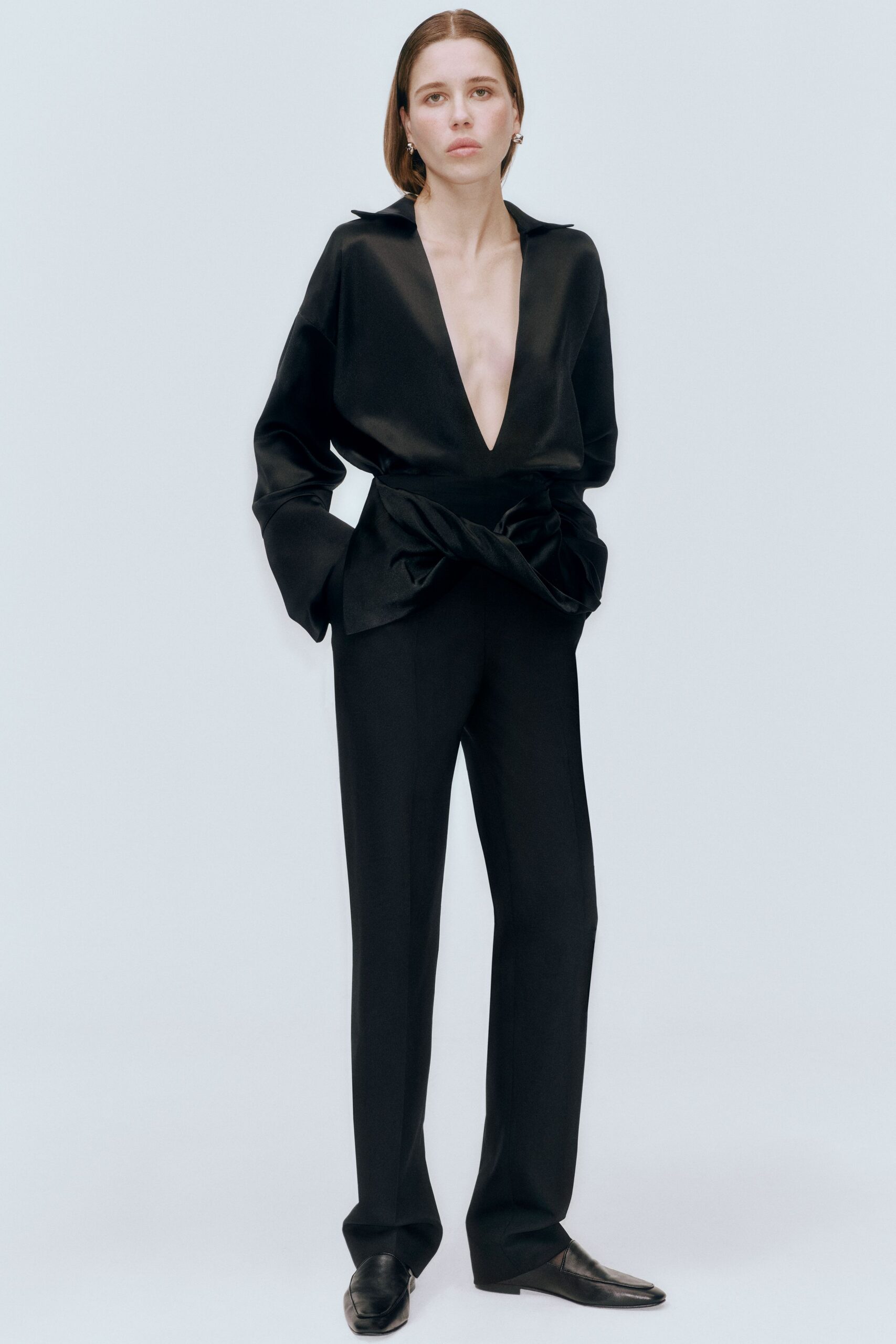 black silk blouse and pants