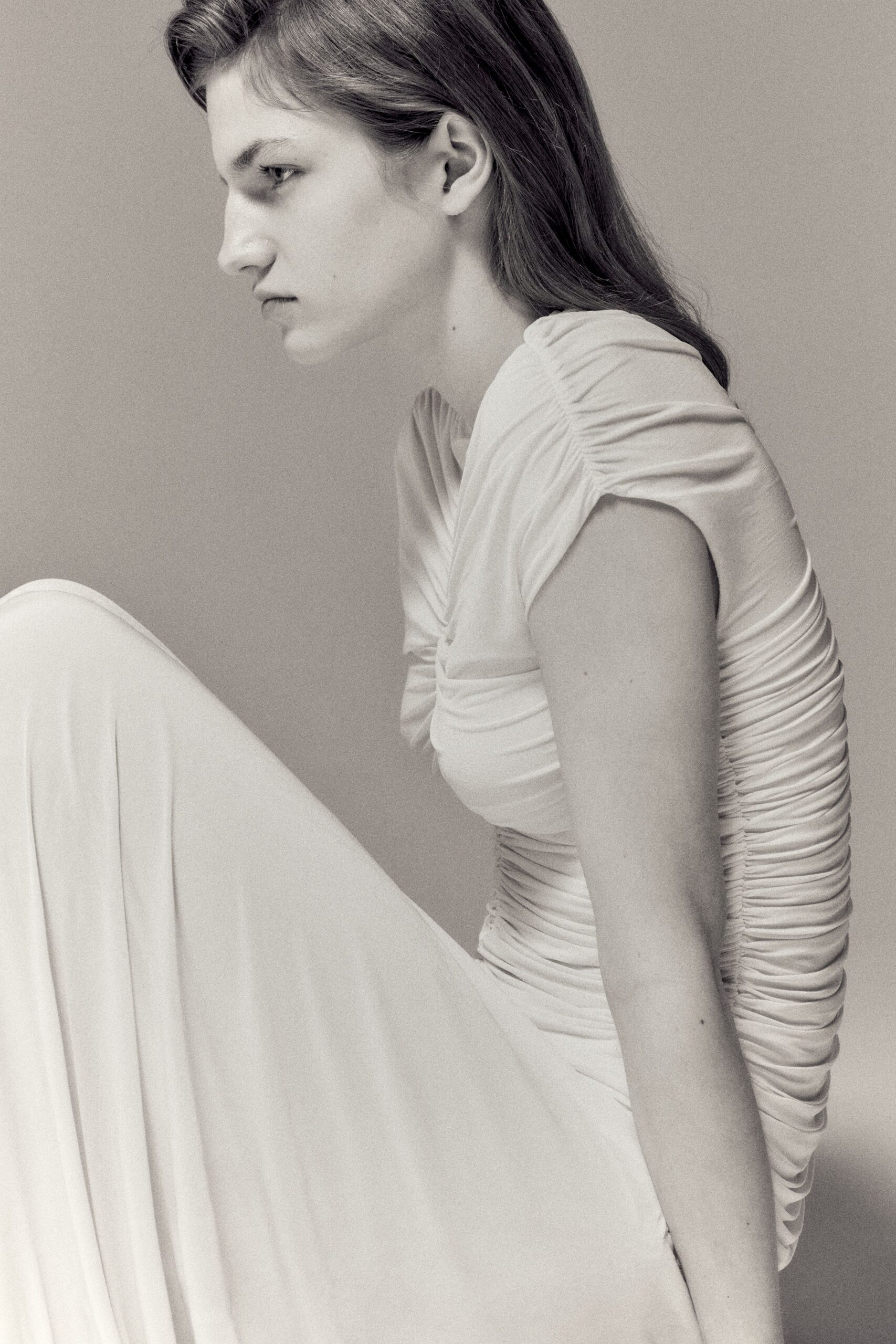 white fitted ruched gown