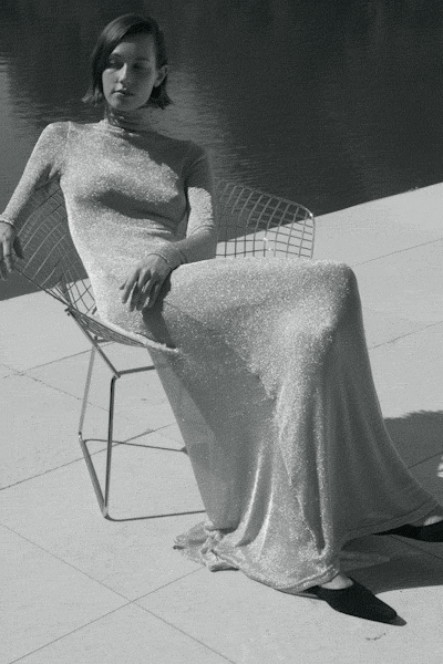 gray metallic long-sleeve high-neck fitted shiny sheer gown
