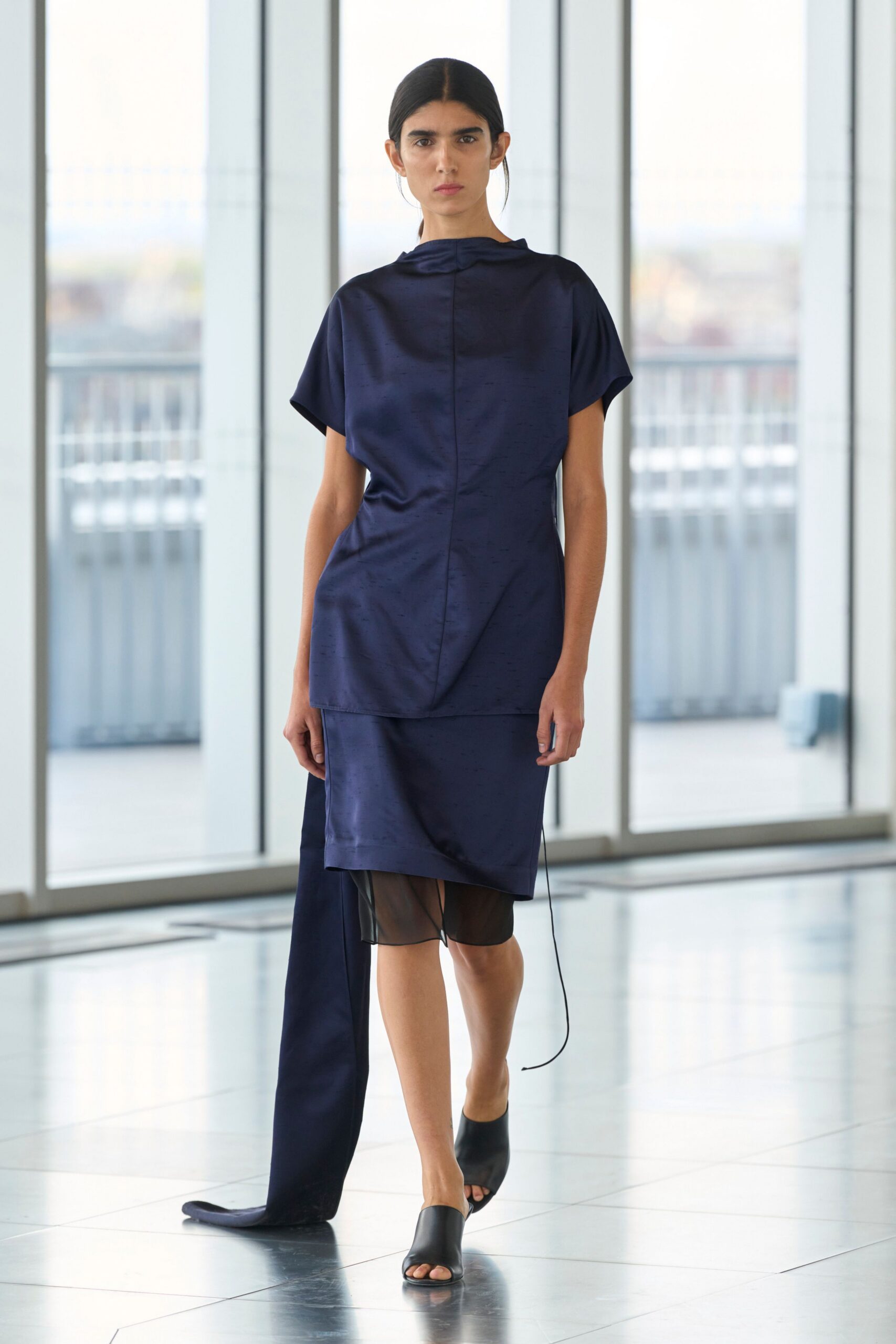 blue silk short-sleeve high-neck fitted midi dress