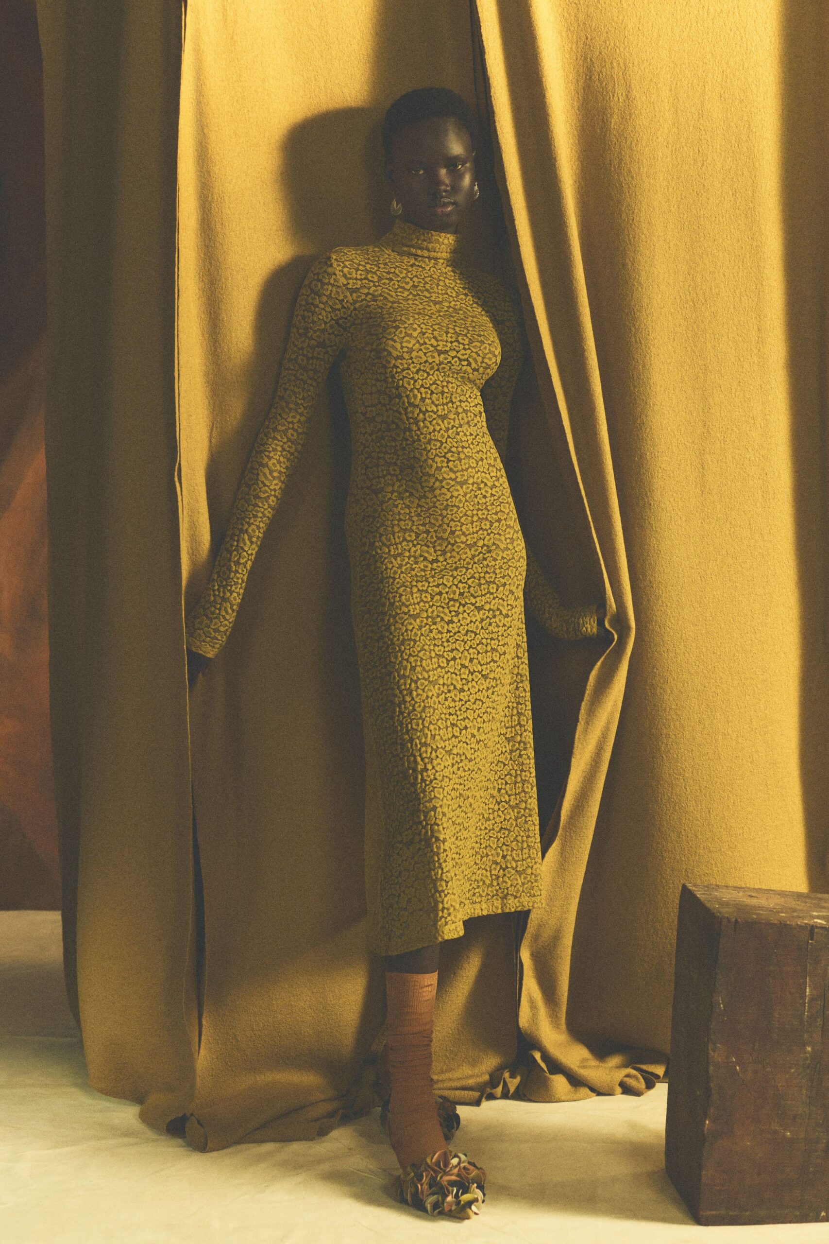 yellow knit long-sleeve turtleneck fitted printed midi dress