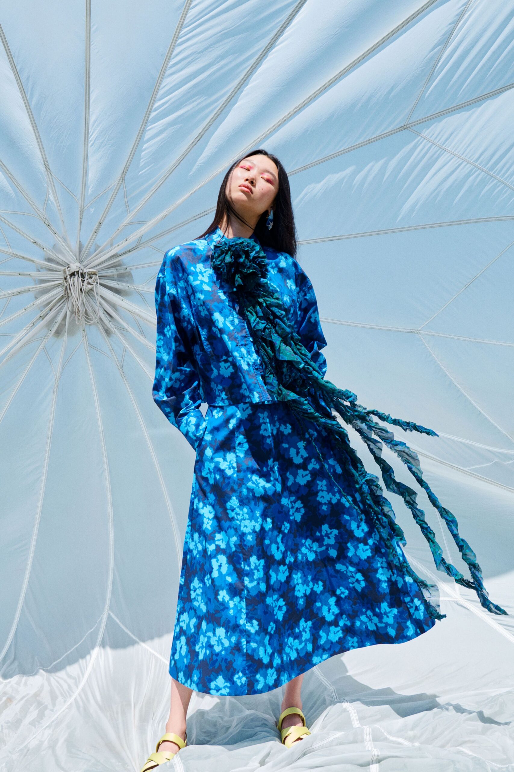blue satin floral a-line shiny midi skirt