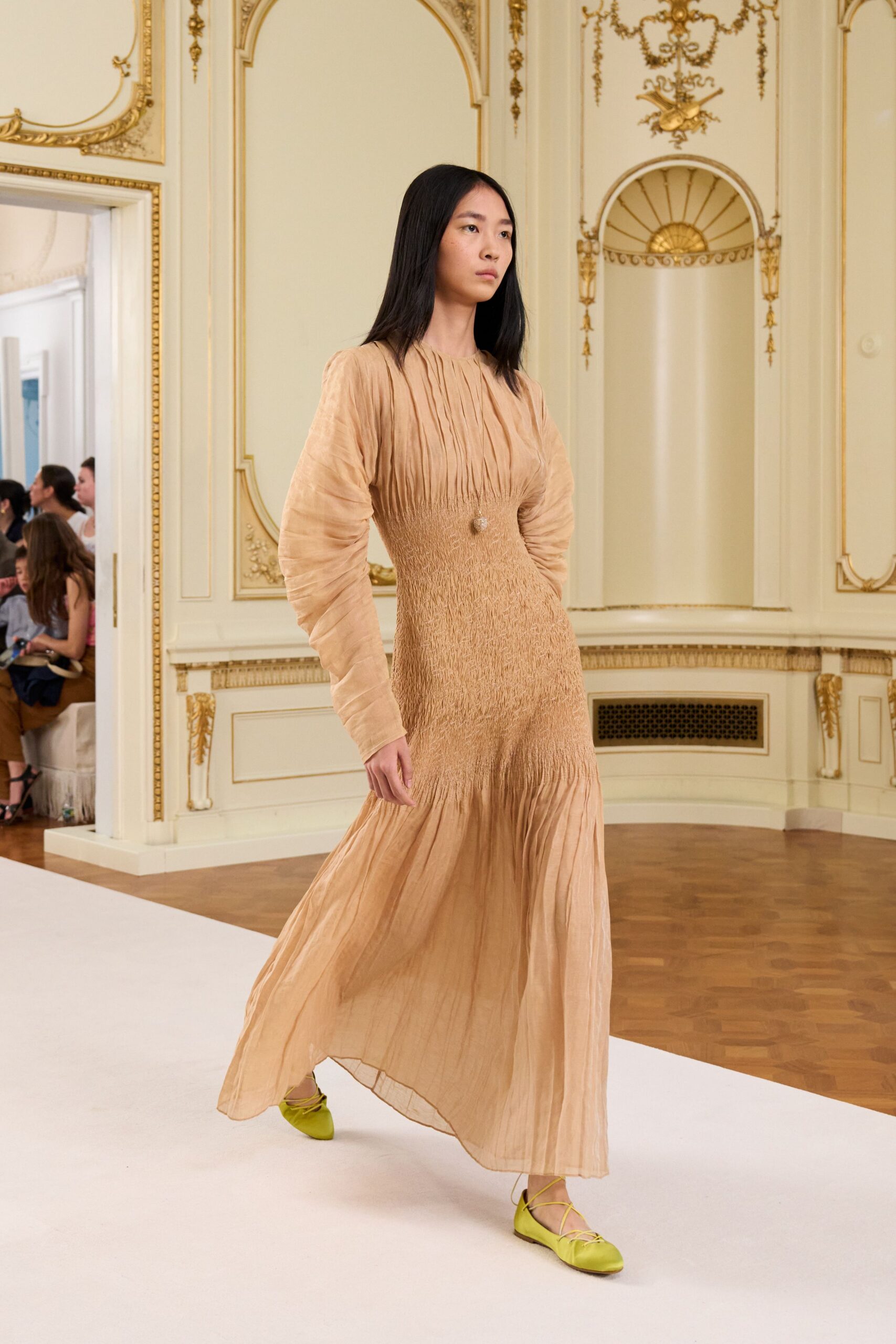 beige silk long-sleeve v-neck fitted pleated draped dress