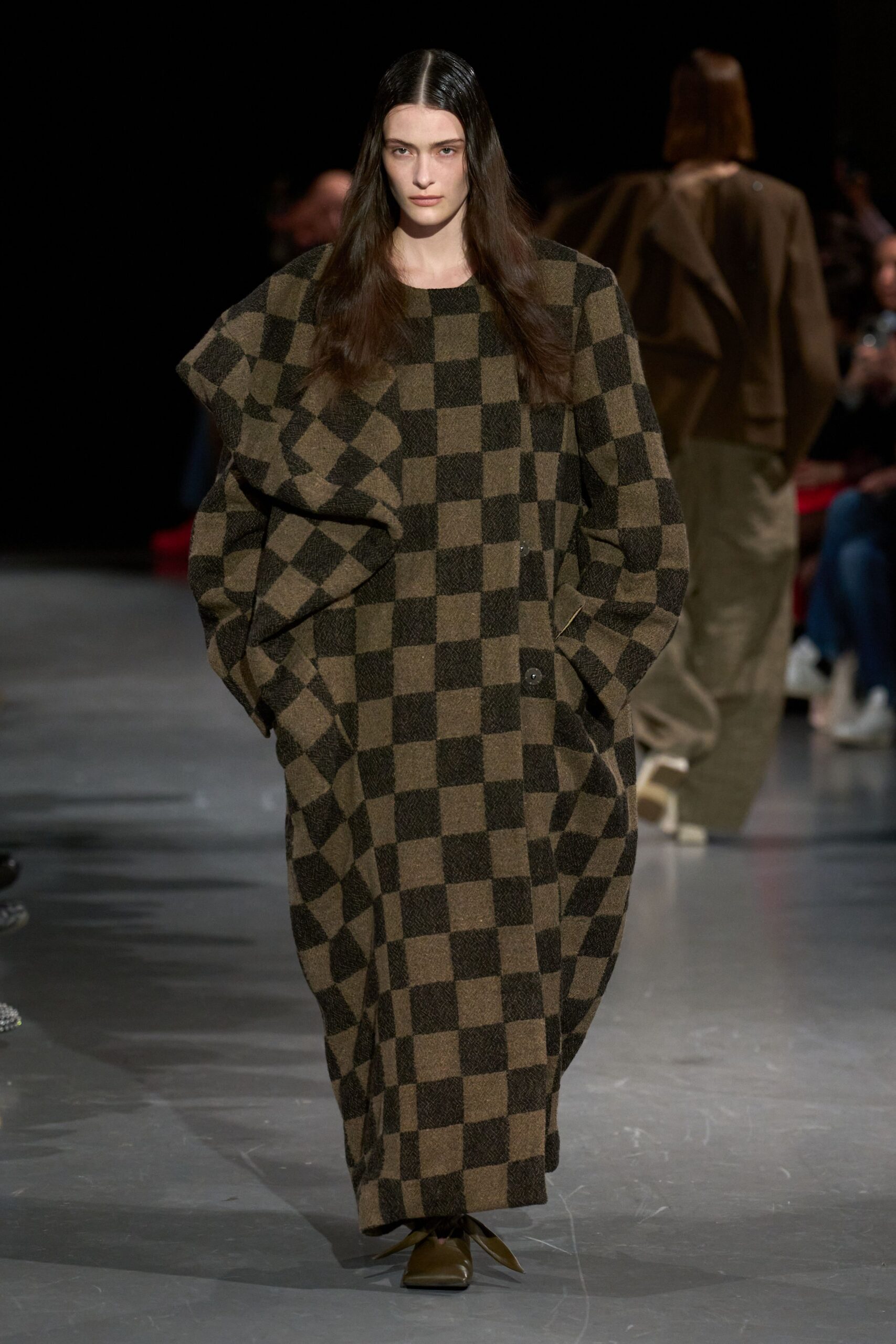 brown wool long-sleeve collared oversized checked maxi dress