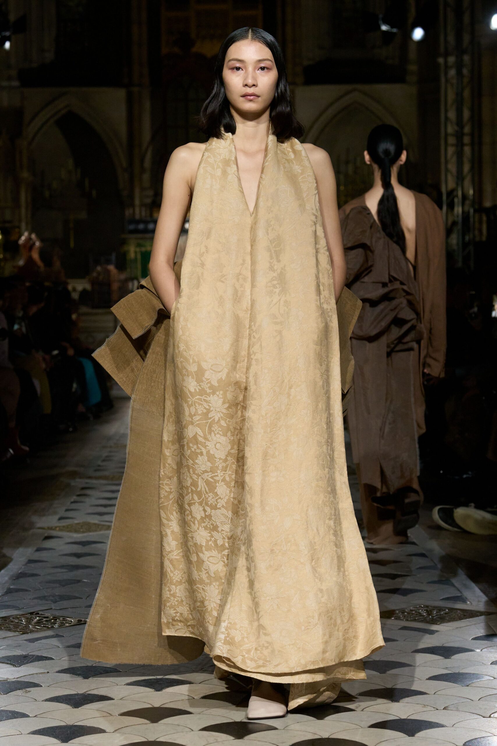 gold embroidered sleeveless gown