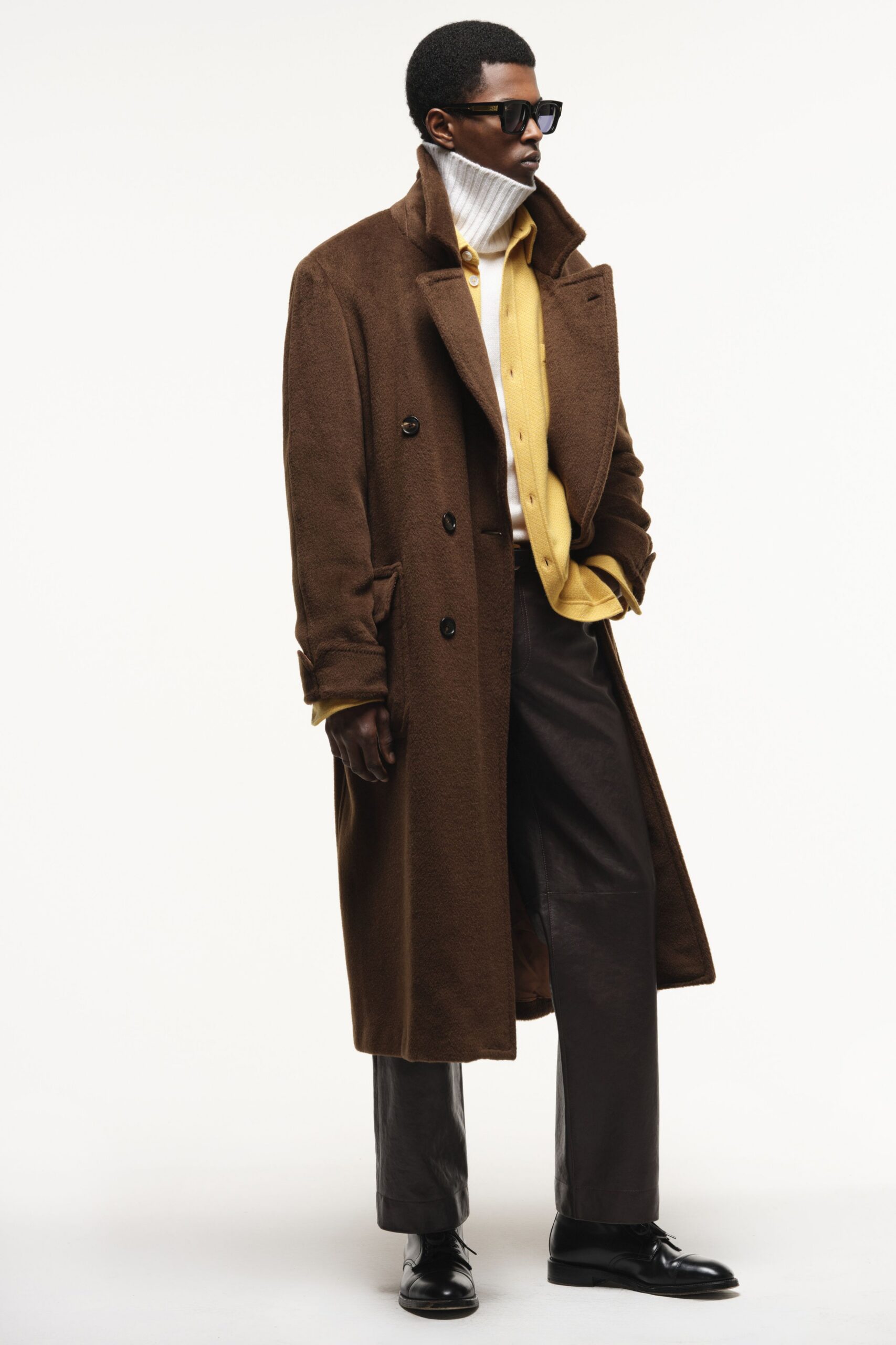 brown wool long-sleeve collared relaxed maxi coat