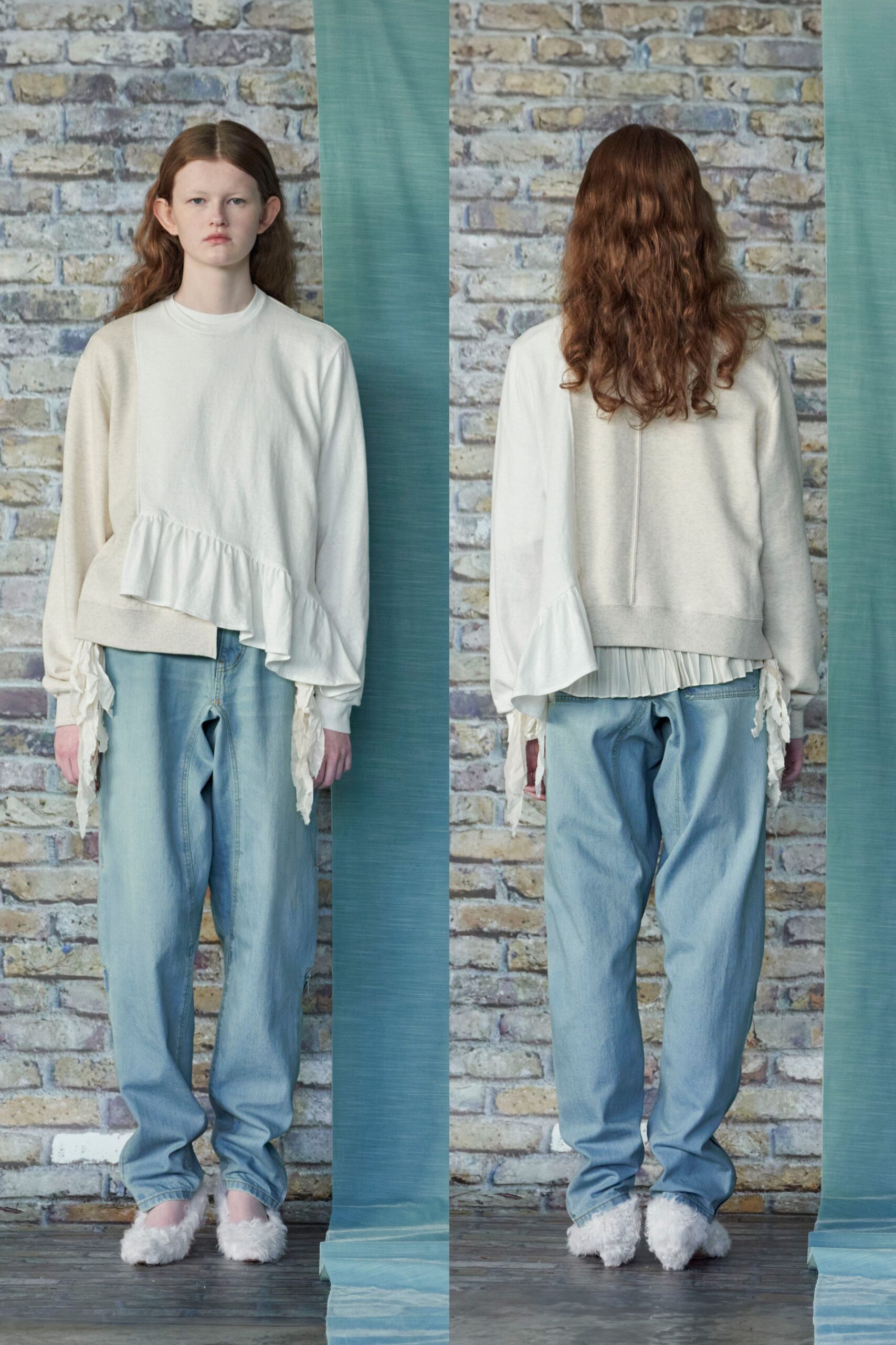 white relaxed sweater with ruffles