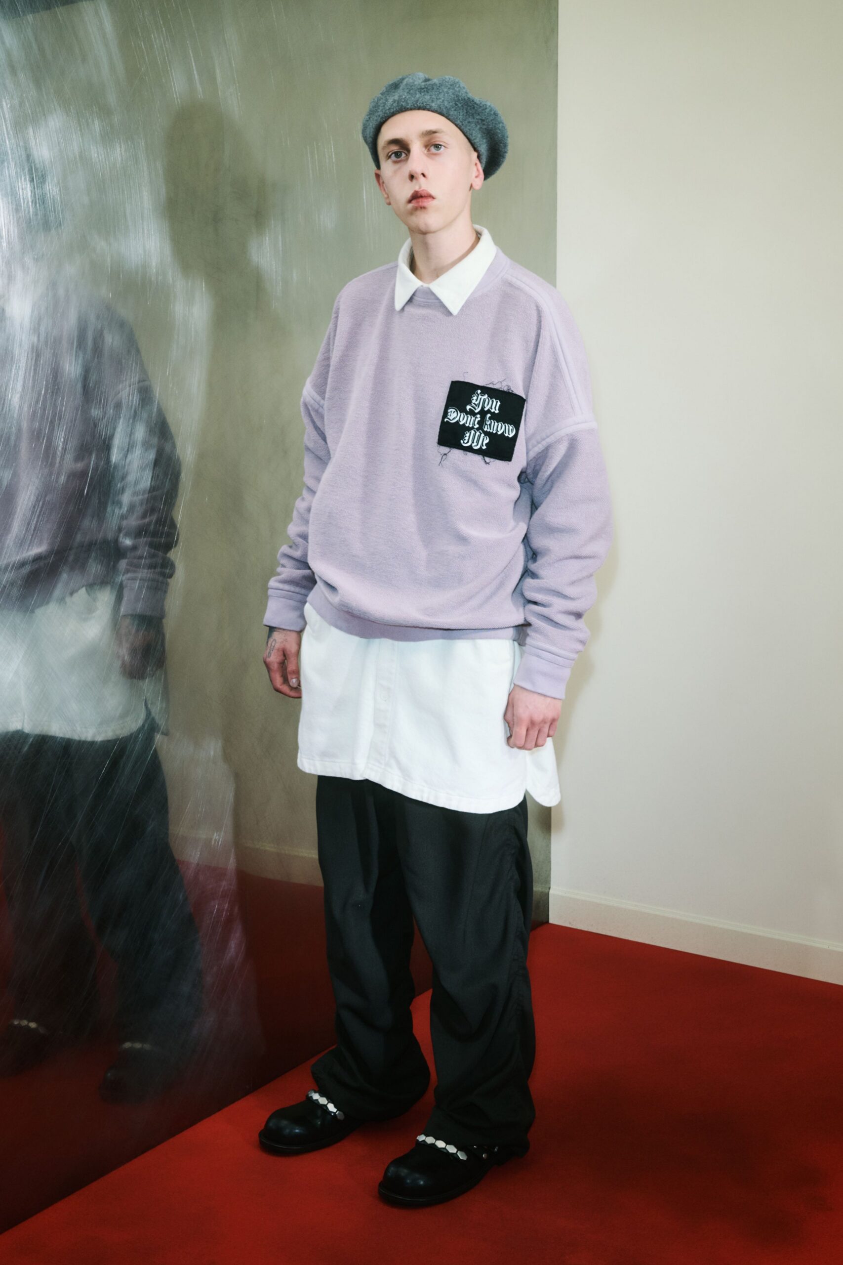 purple cotton long-sleeve collared relaxed printed sweater