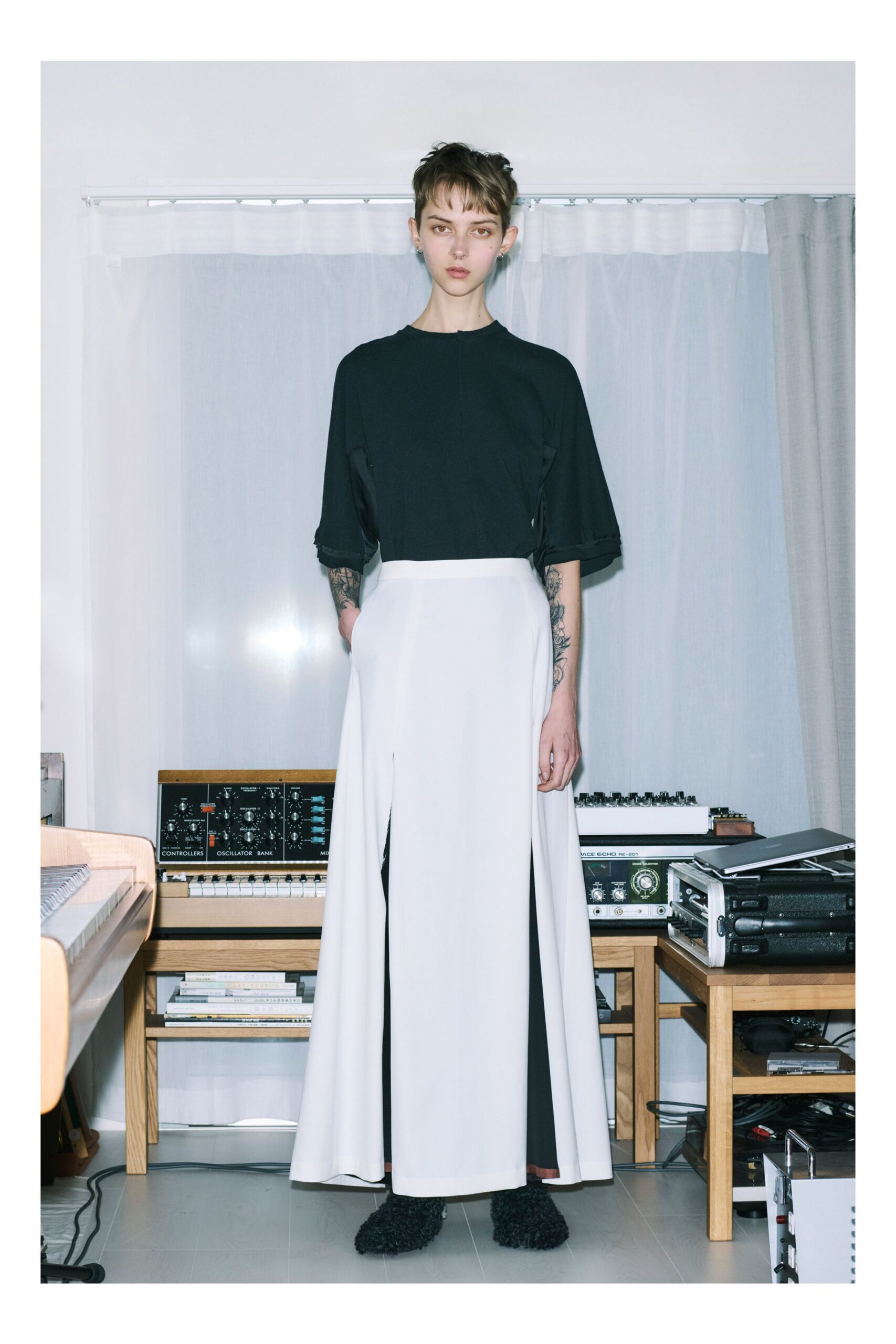 black top white asymmetric skirt