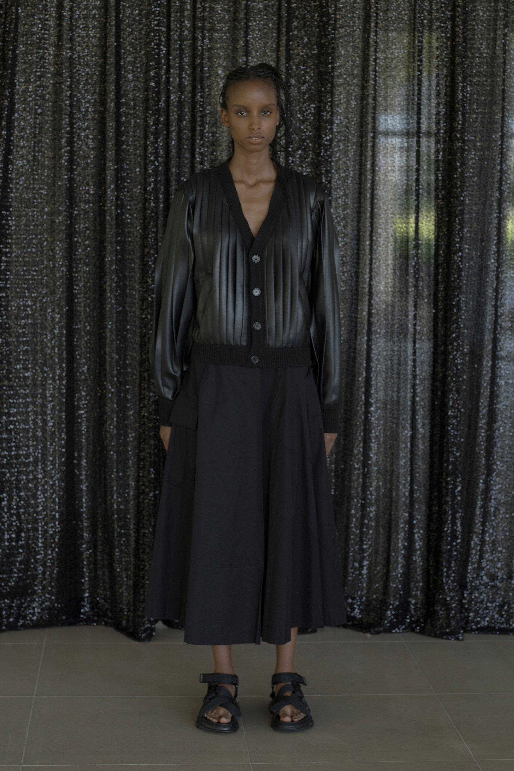 black leather top and midi skirt