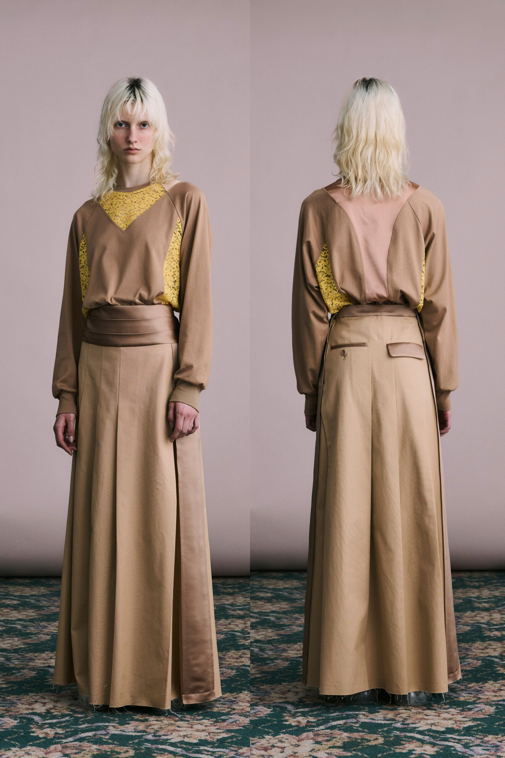 brown cotton long-sleeve v-neck relaxed embroidered top