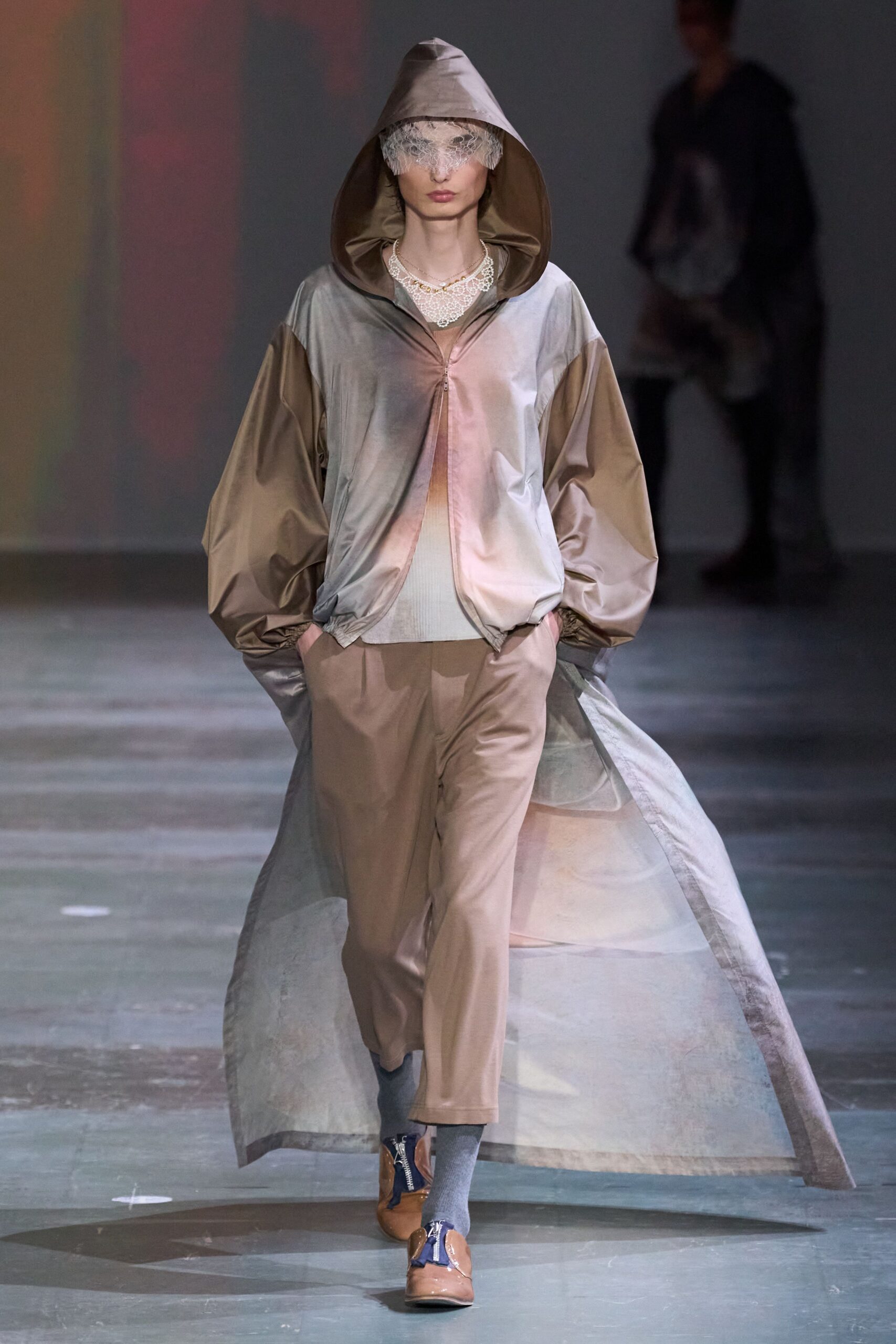 beige silk hooded long-sleeve relaxed draped flowing jacket