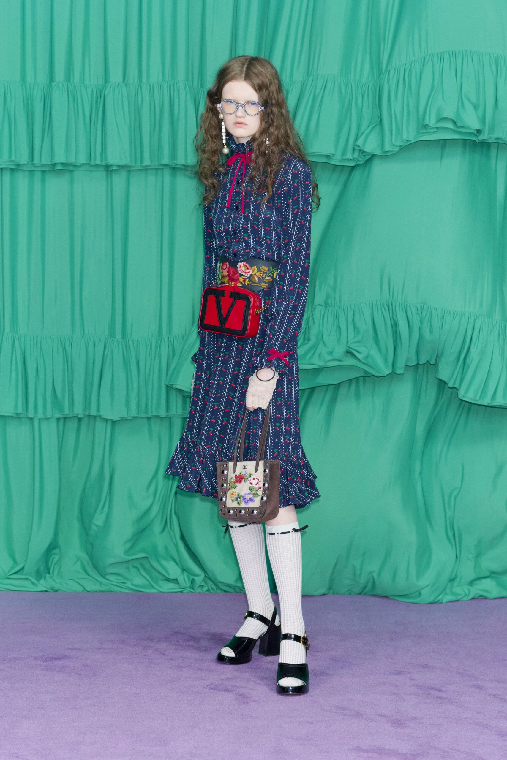 blue cotton long-sleeve collared fitted printed ruffled dress