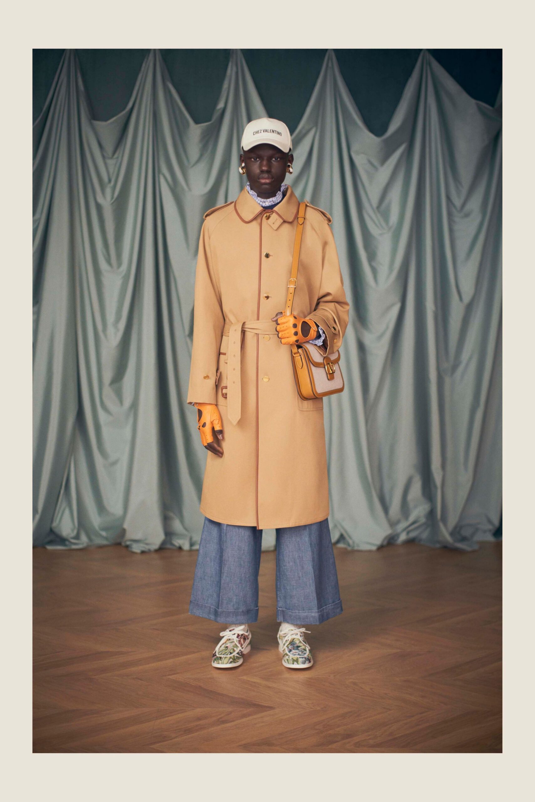 beige coat with wide-leg pants