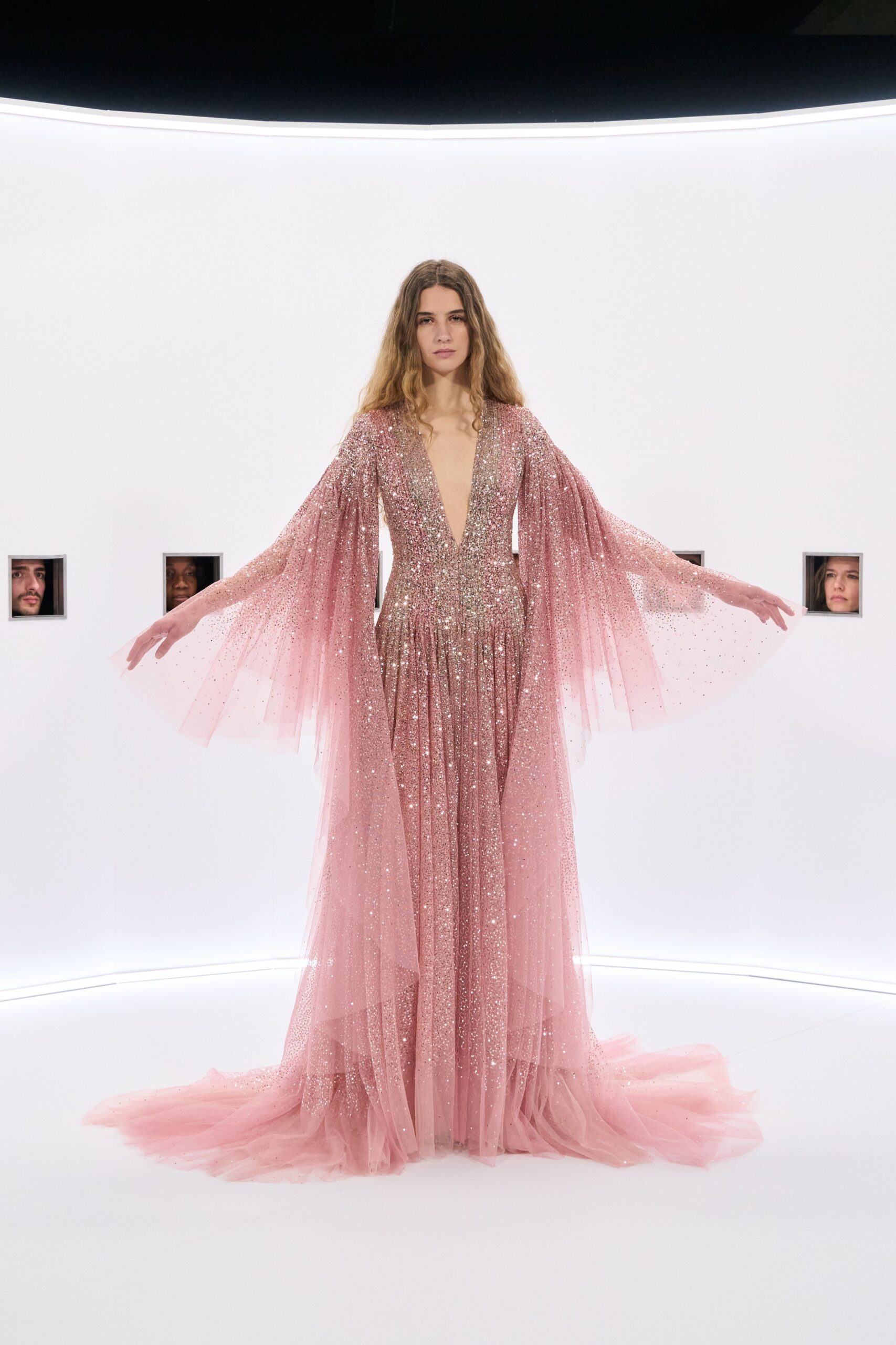 pink sequined flowing gown