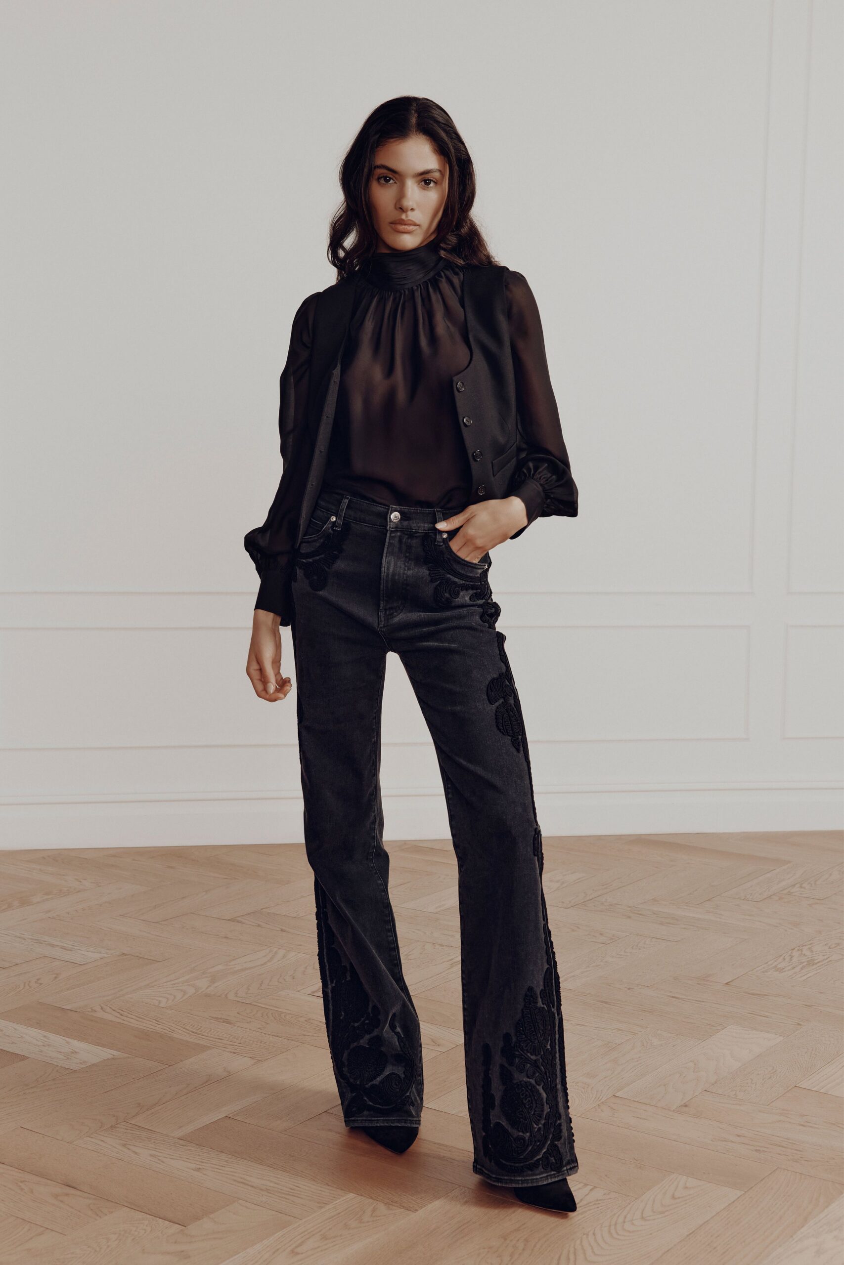 black denim fitted flared pants