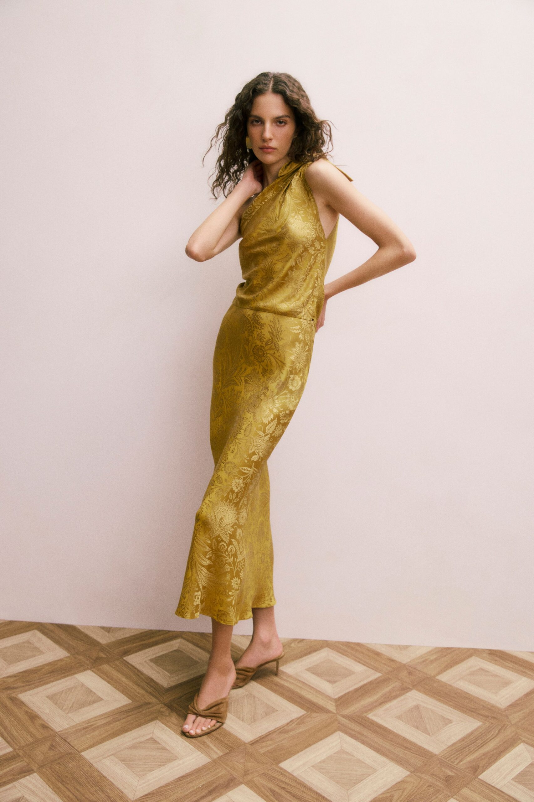 gold silk sleeveless v-neck fitted embroidered flared dress