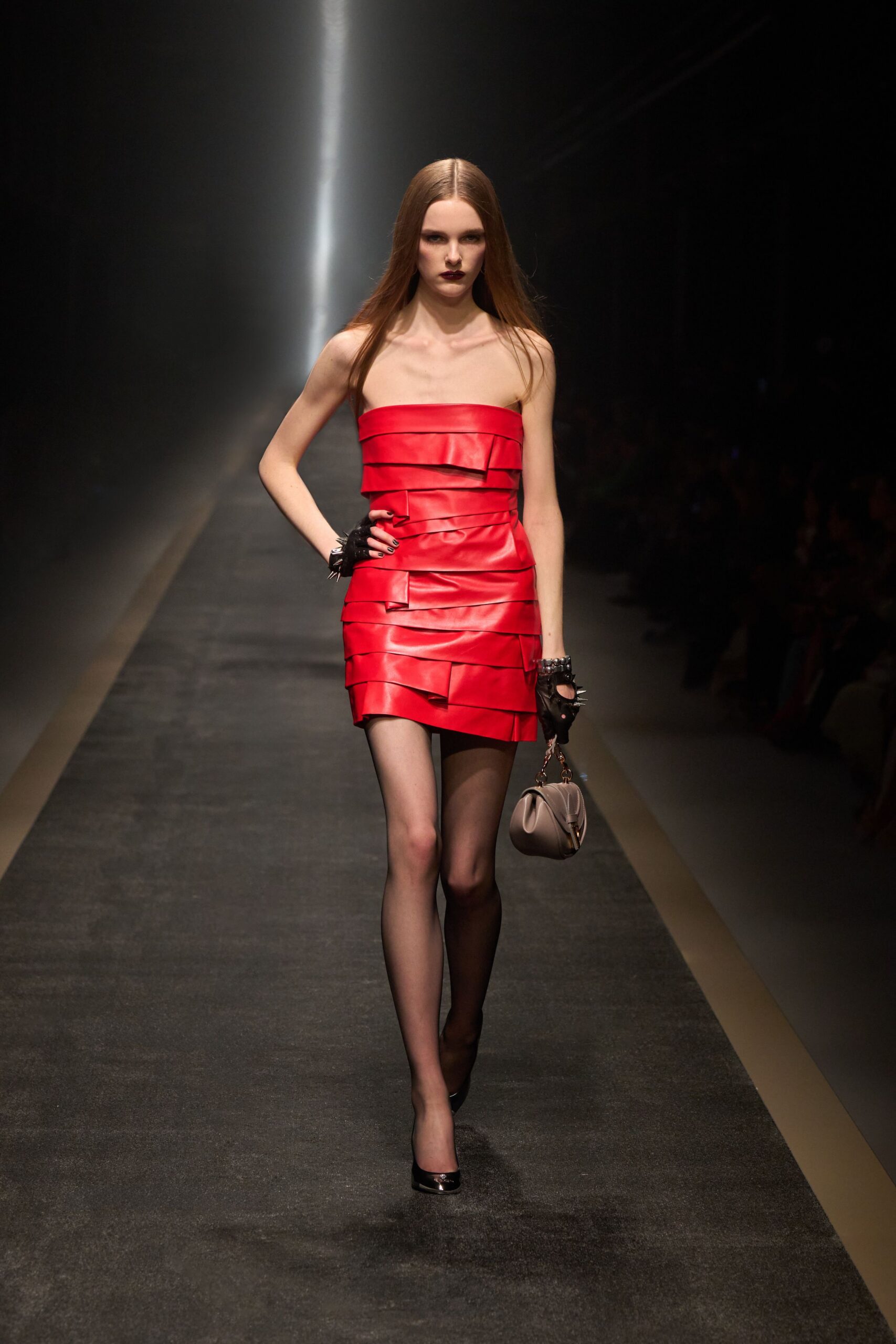 red leather strapless mini dress
