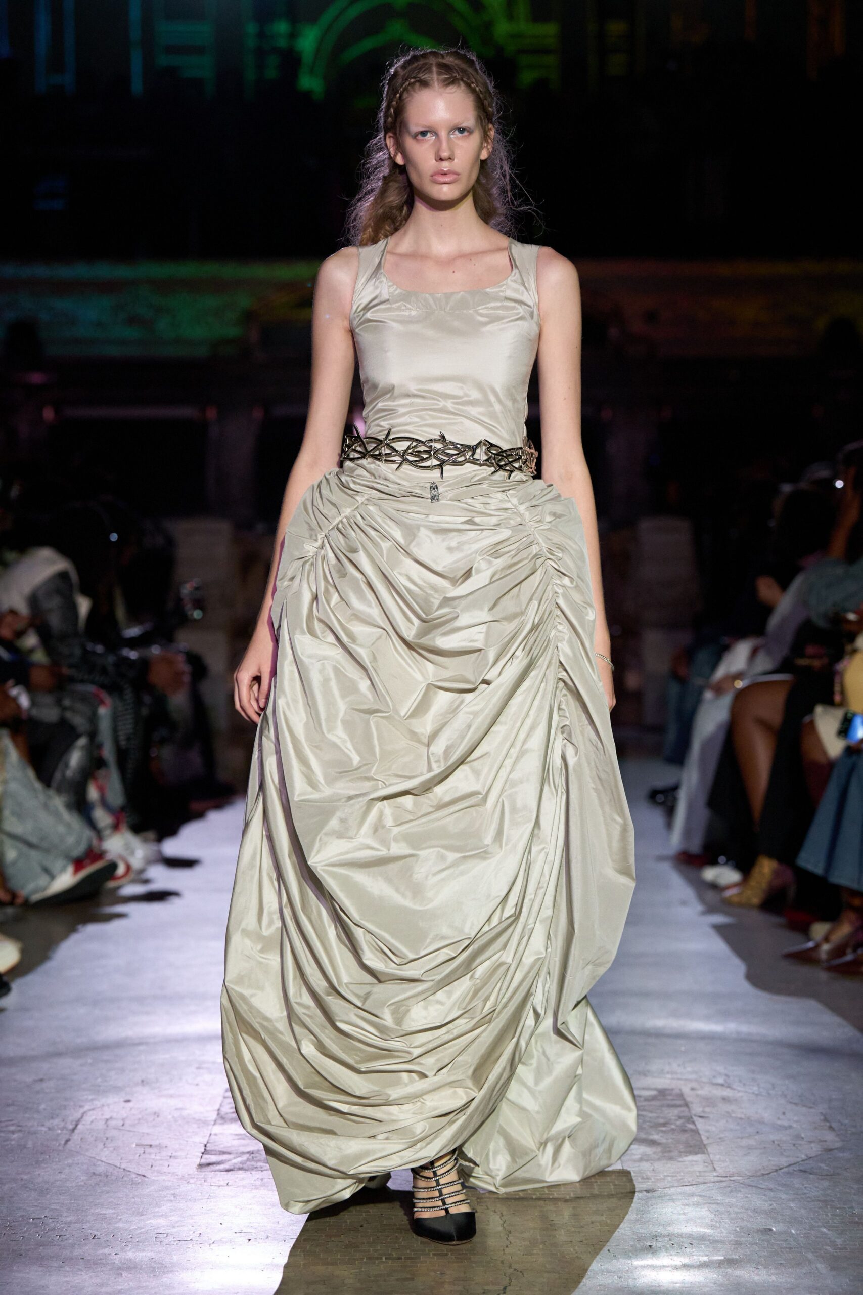 beige silk sleeveless square-neck fitted draped layered gown