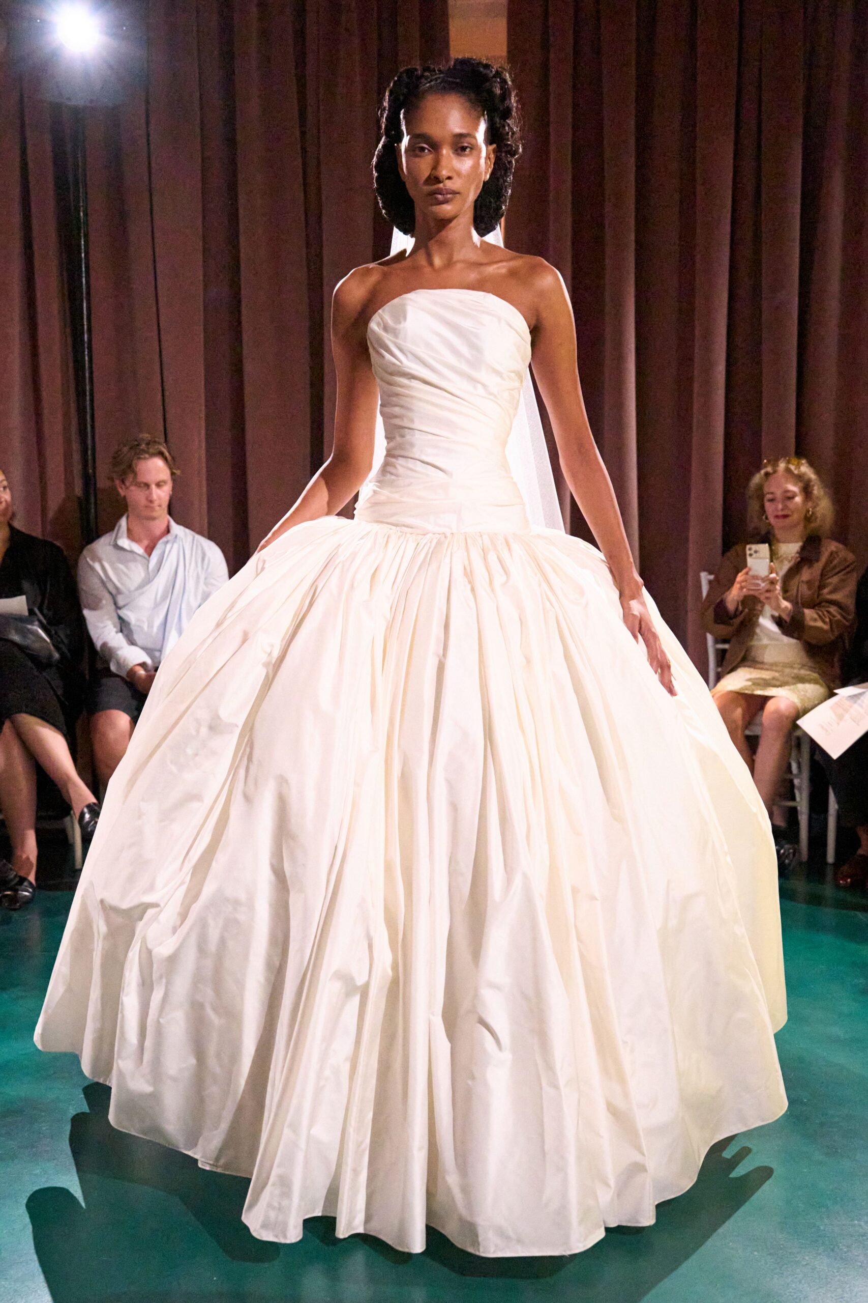 white silk strapless gown