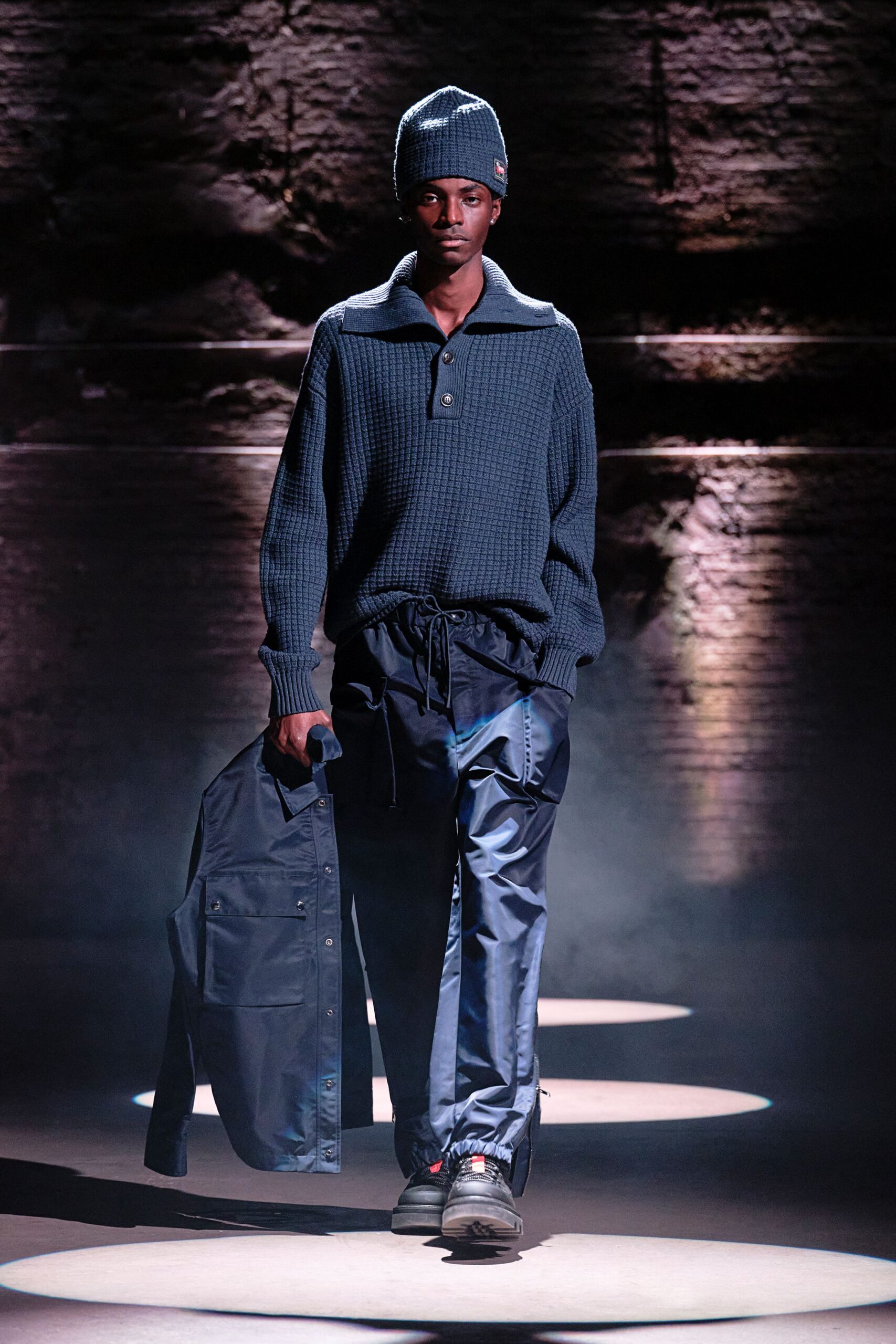 blue relaxed sweater with black pants