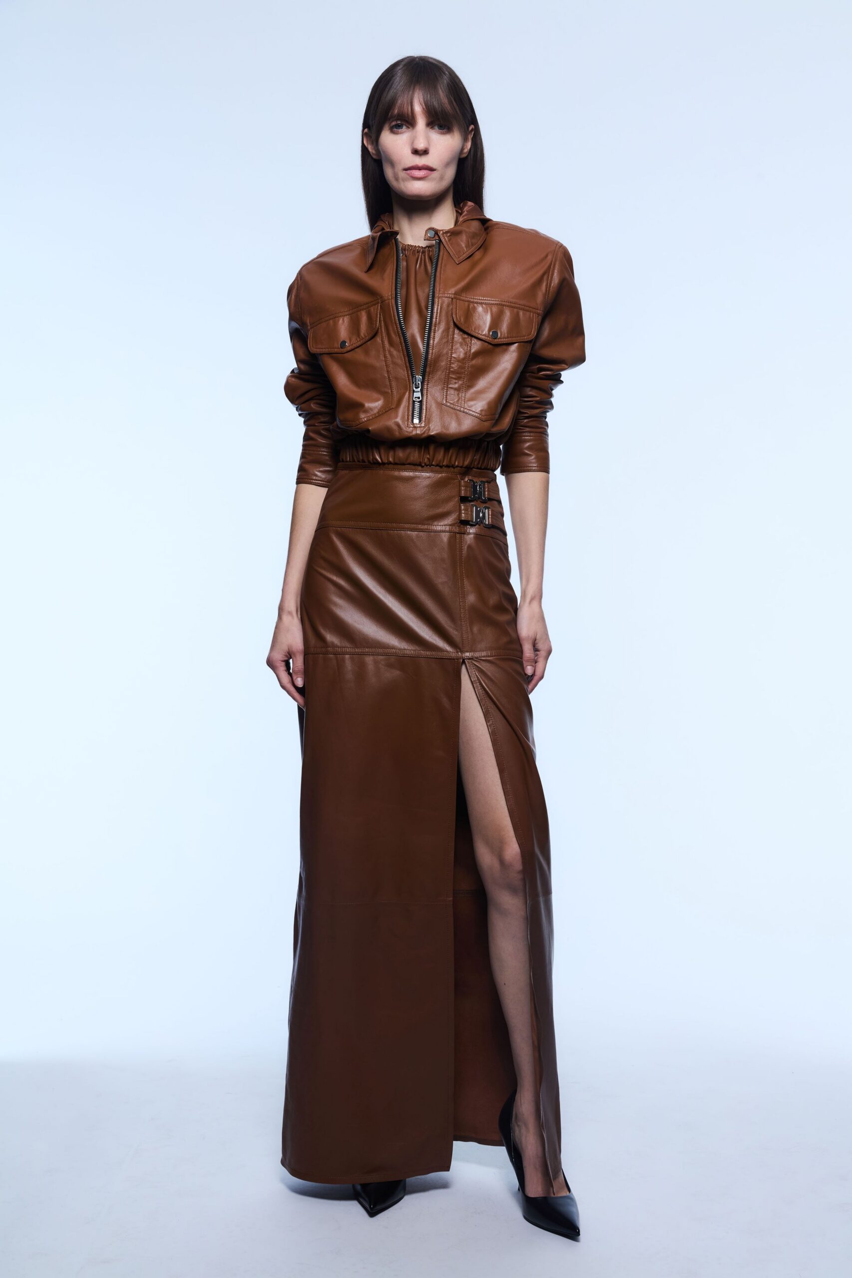 brown leather long-sleeve v-neck fitted zippered maxi dress