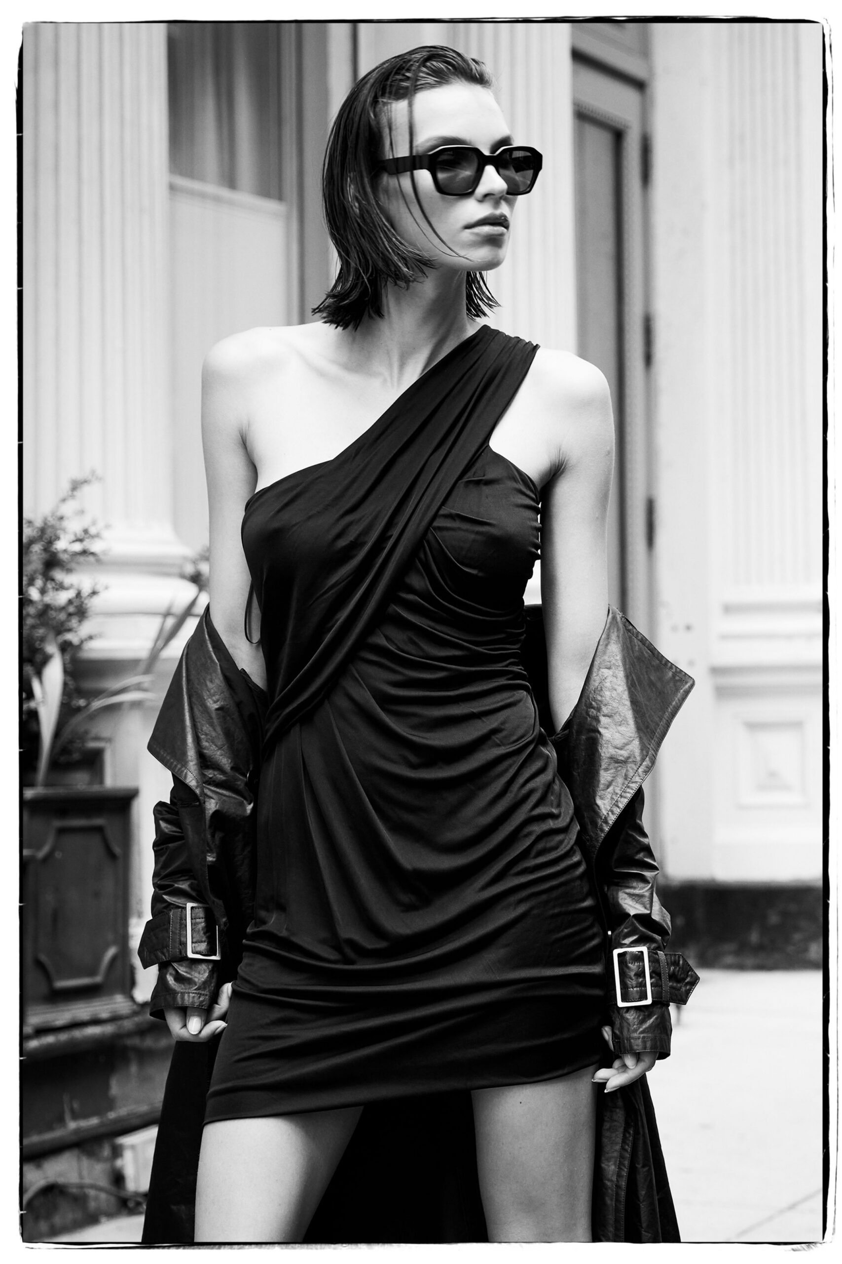 black silk sleeveless asymmetric fitted draped mini dress