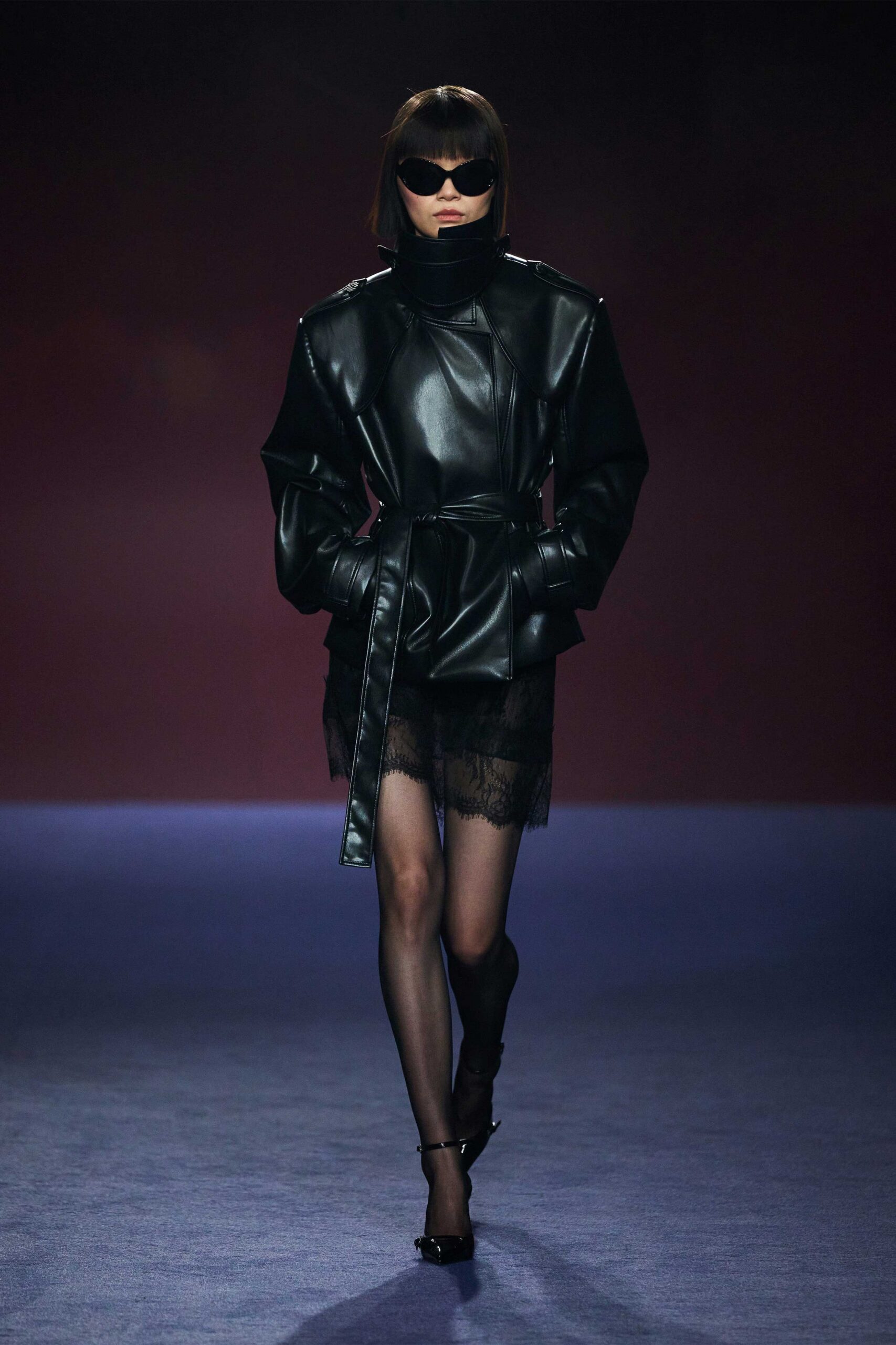 black leather coat with lace skirt