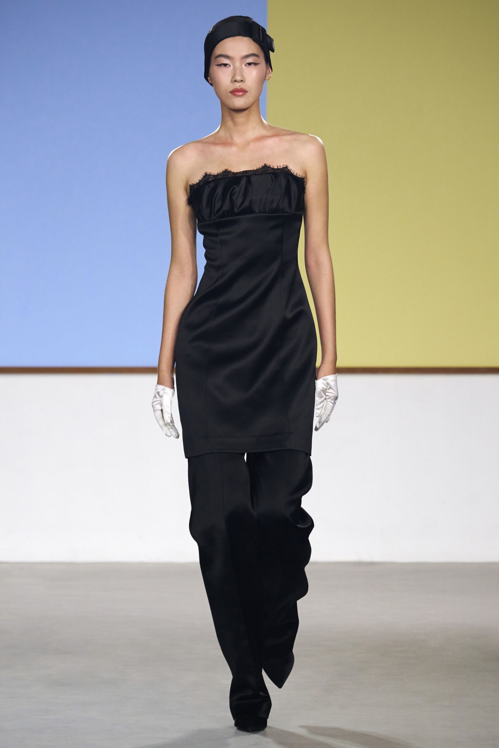 black silk strapless fitted ruffled mini dress