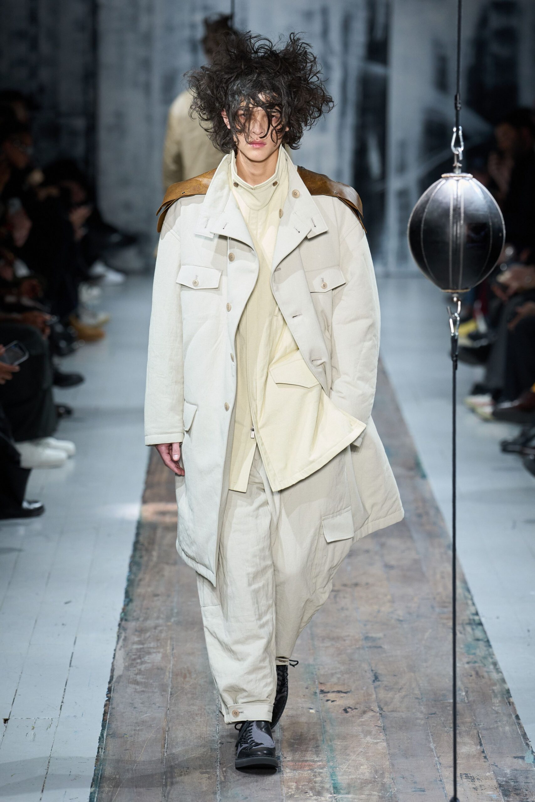 white relaxed coat with beige top