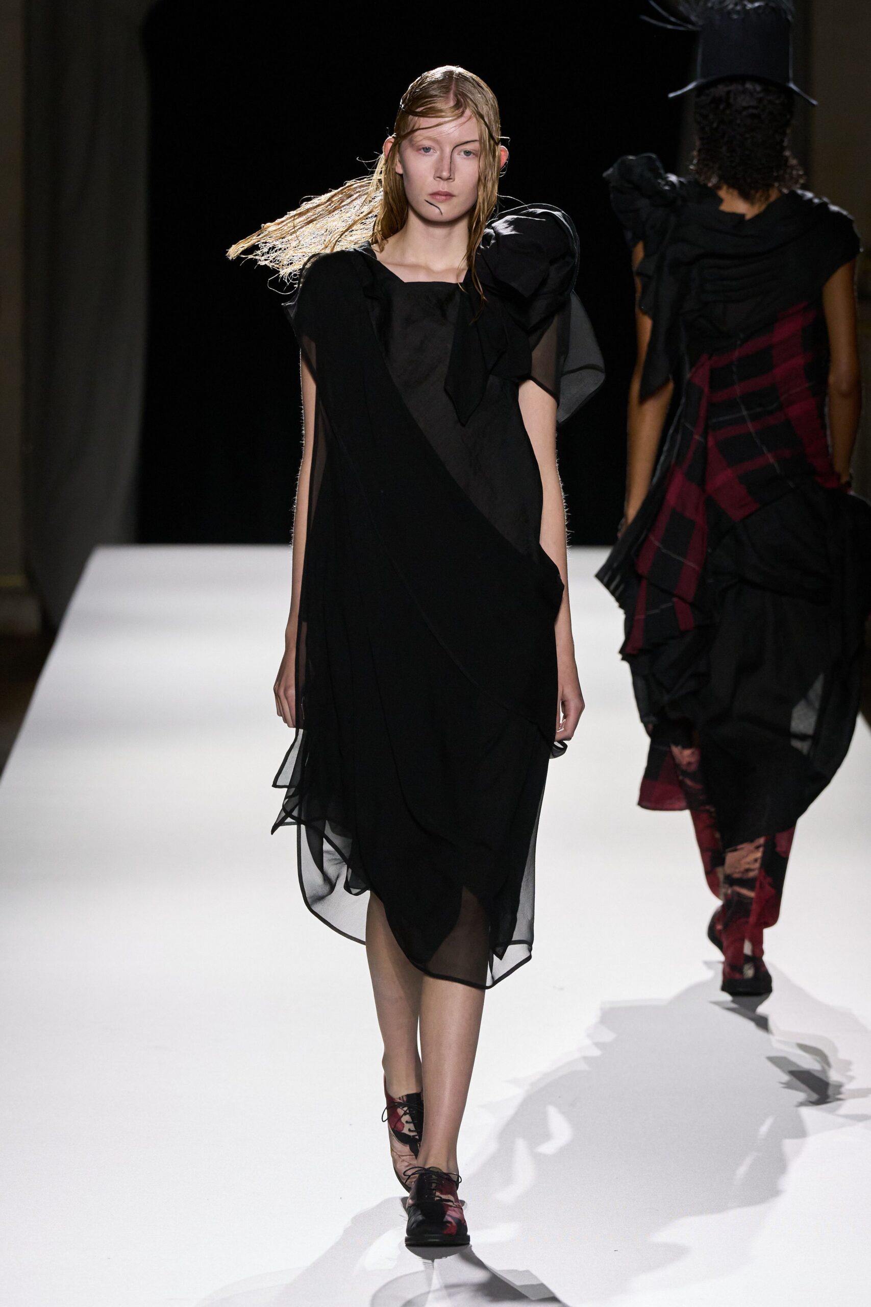 black chiffon draped midi dress