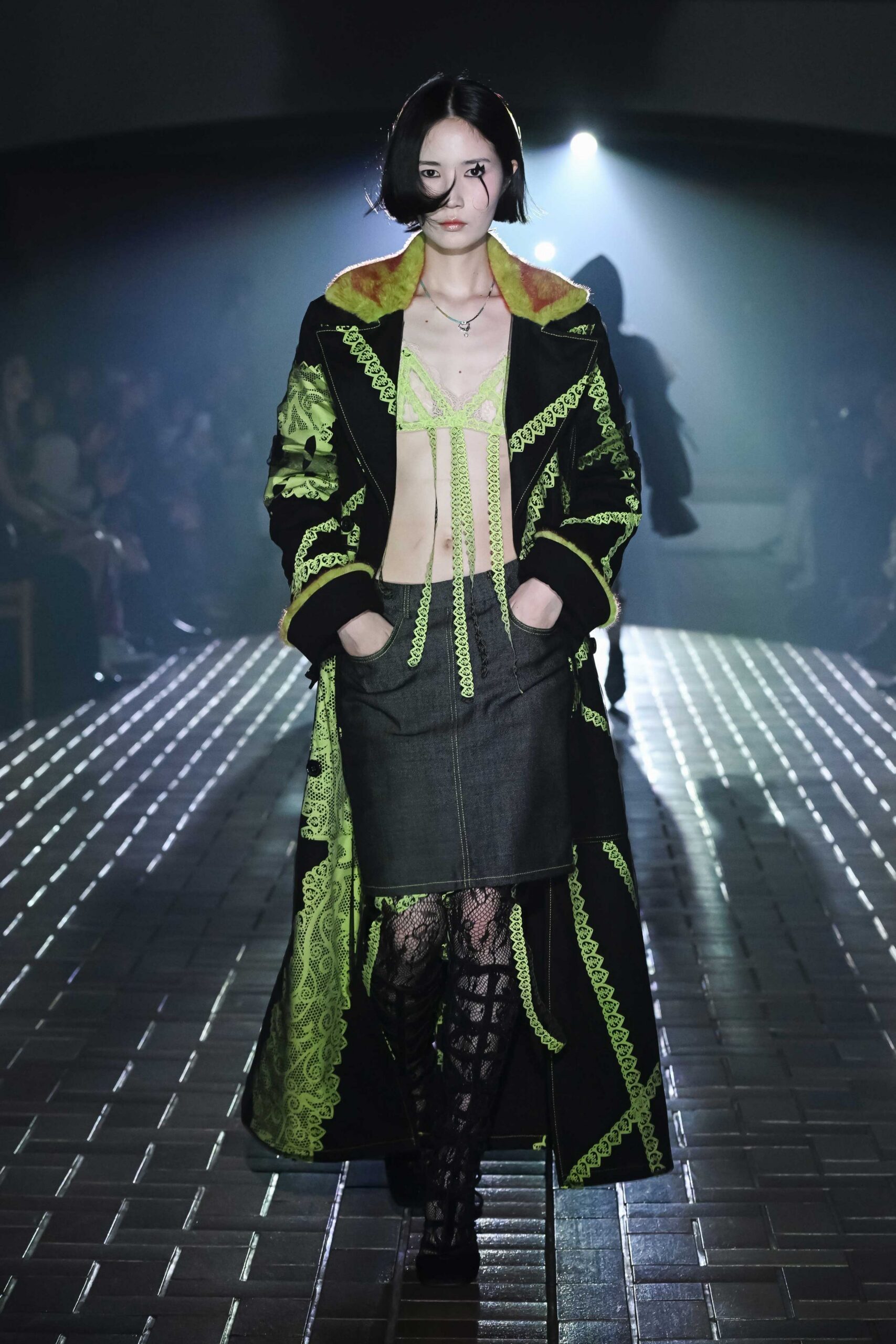 black green embroidered coat with fitted top