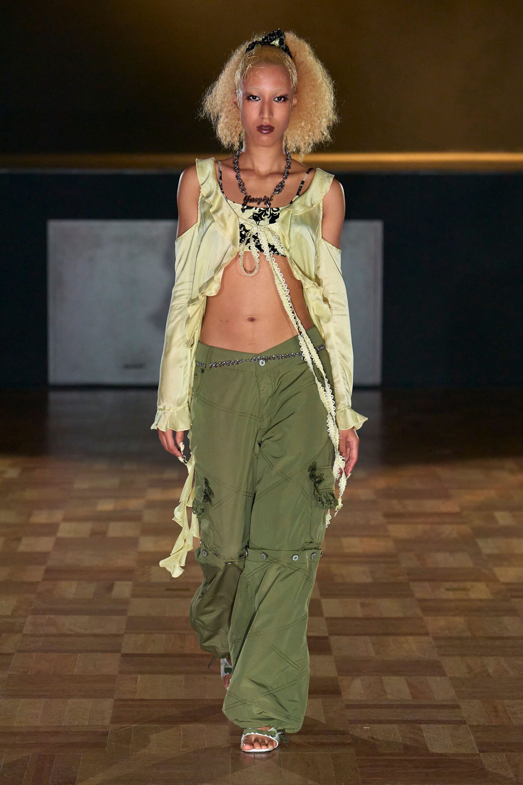 green silk long-sleeve off-shoulder fitted ruffled top