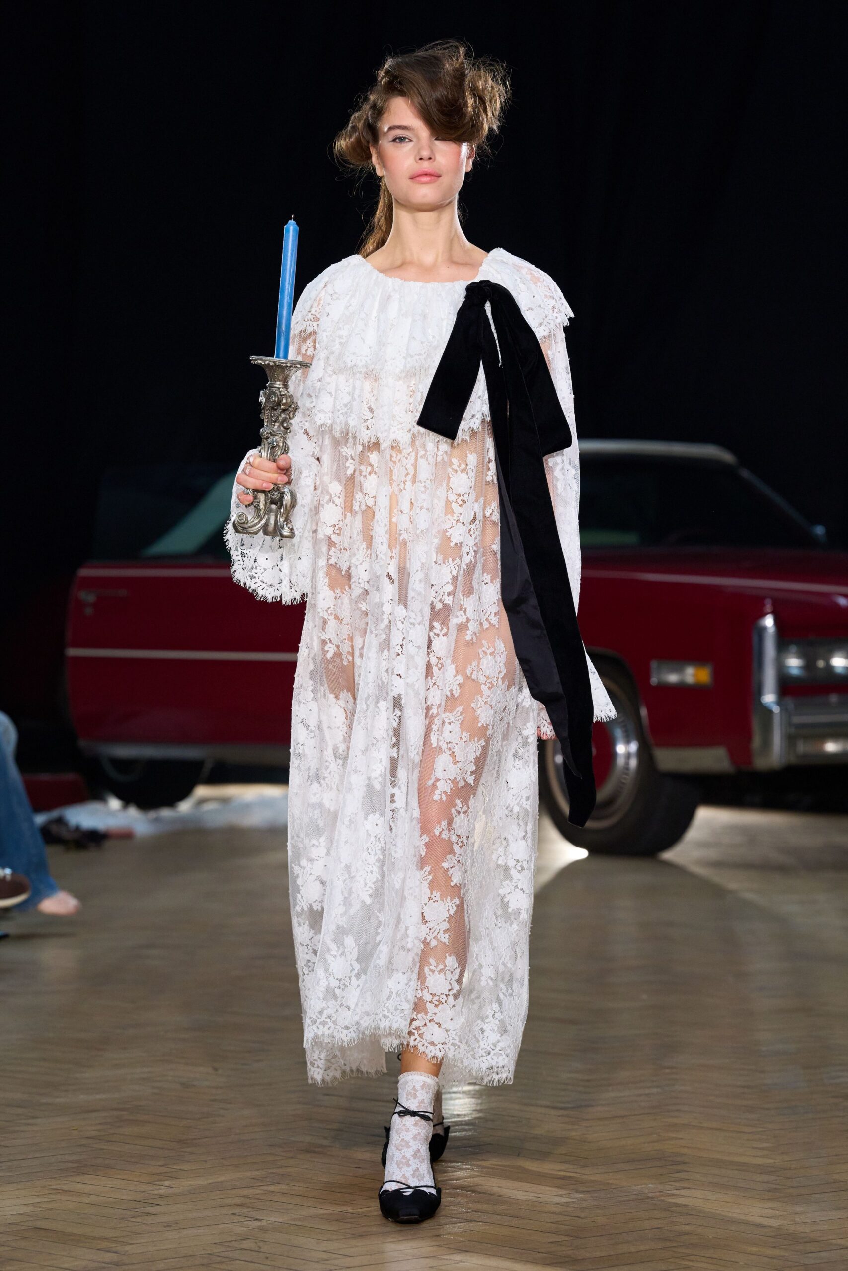 white lace long-sleeve v-neck fitted embroidered gown