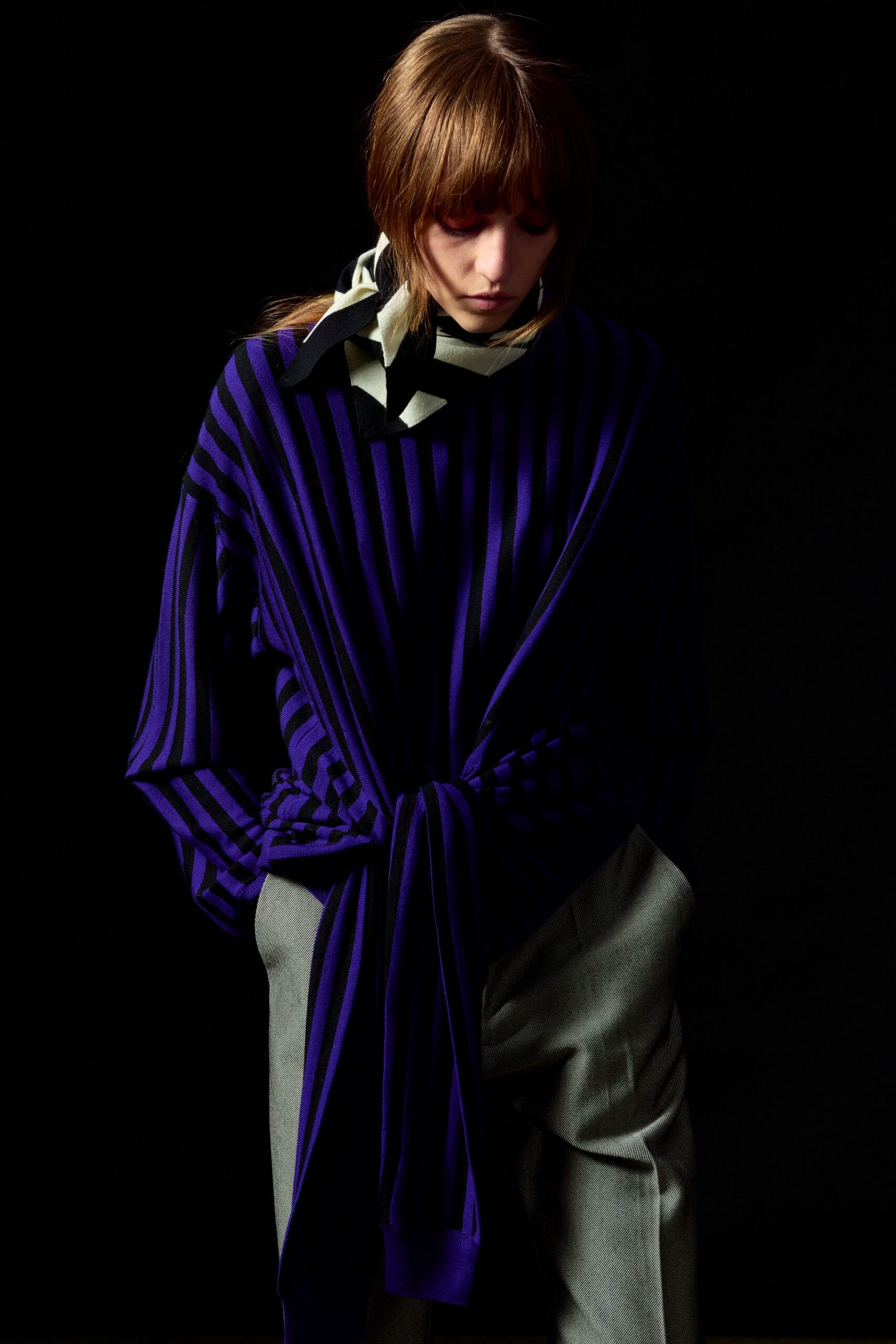 purple cotton long-sleeve v-neck relaxed striped sweater