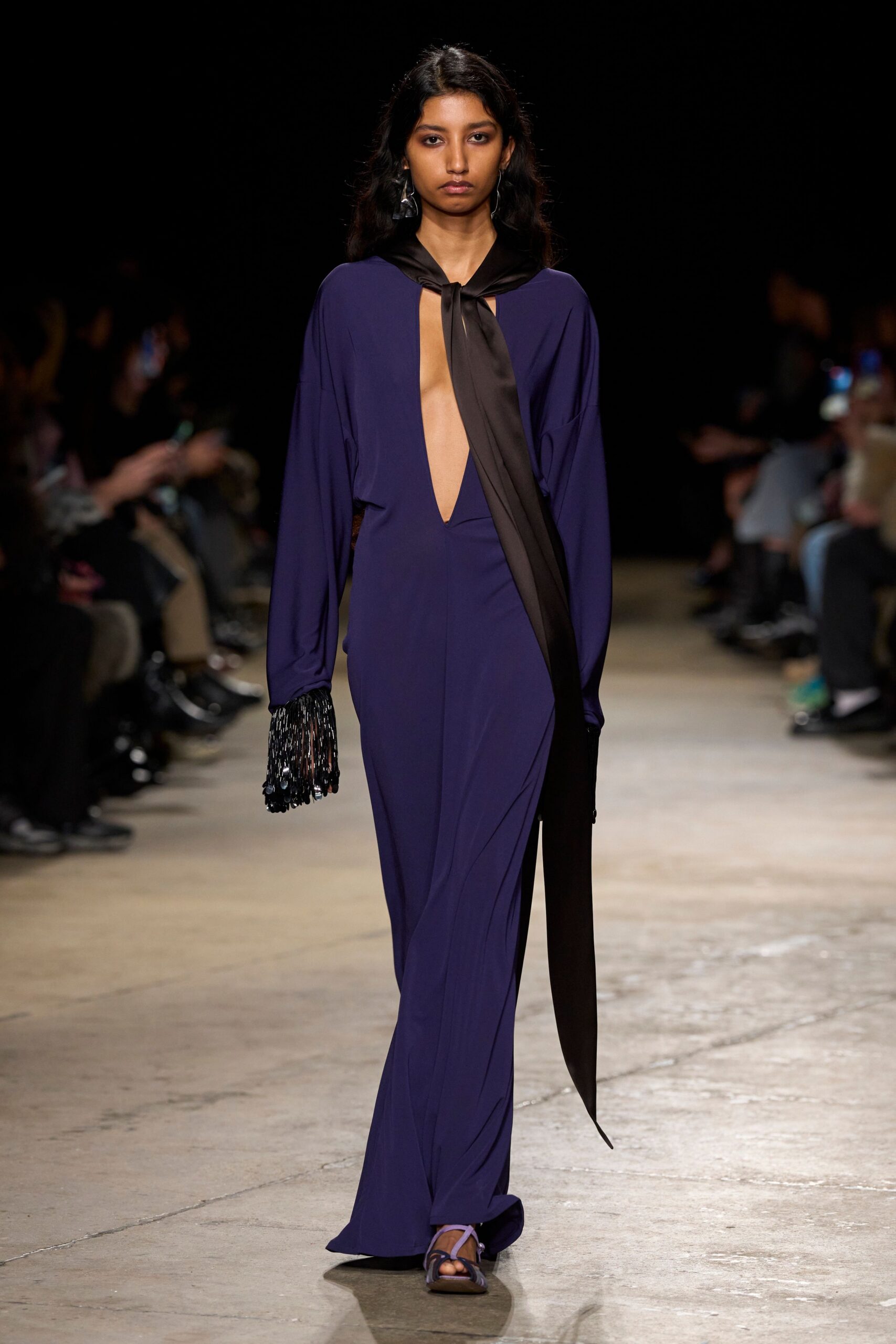 purple silk long-sleeve v-neck fitted draped fringed gown