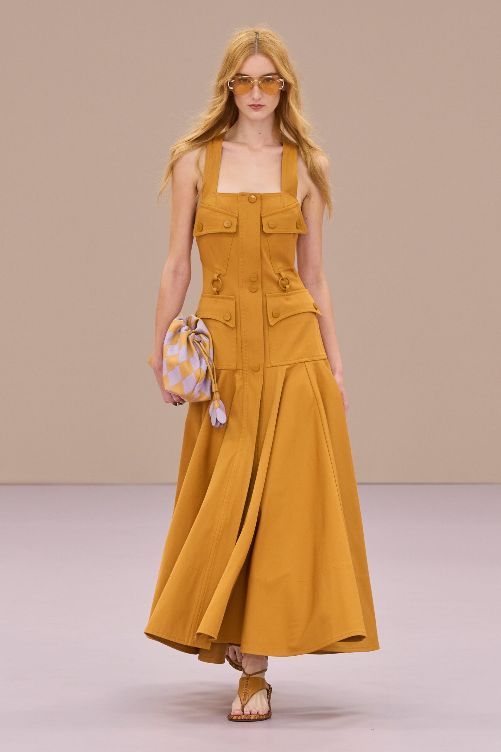 yellow cotton sleeveless collared fitted buttoned a-line dress