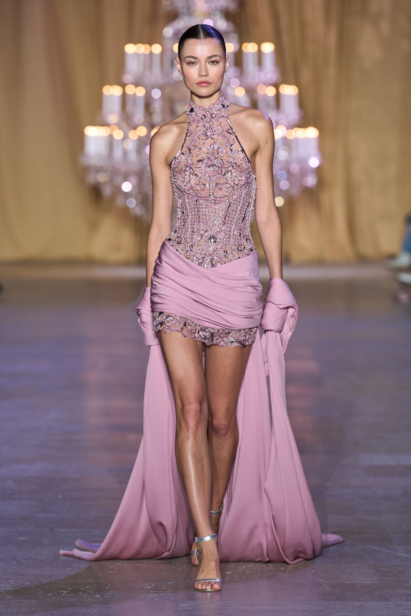 pink silk sleeveless high-neck fitted beaded ruched gown