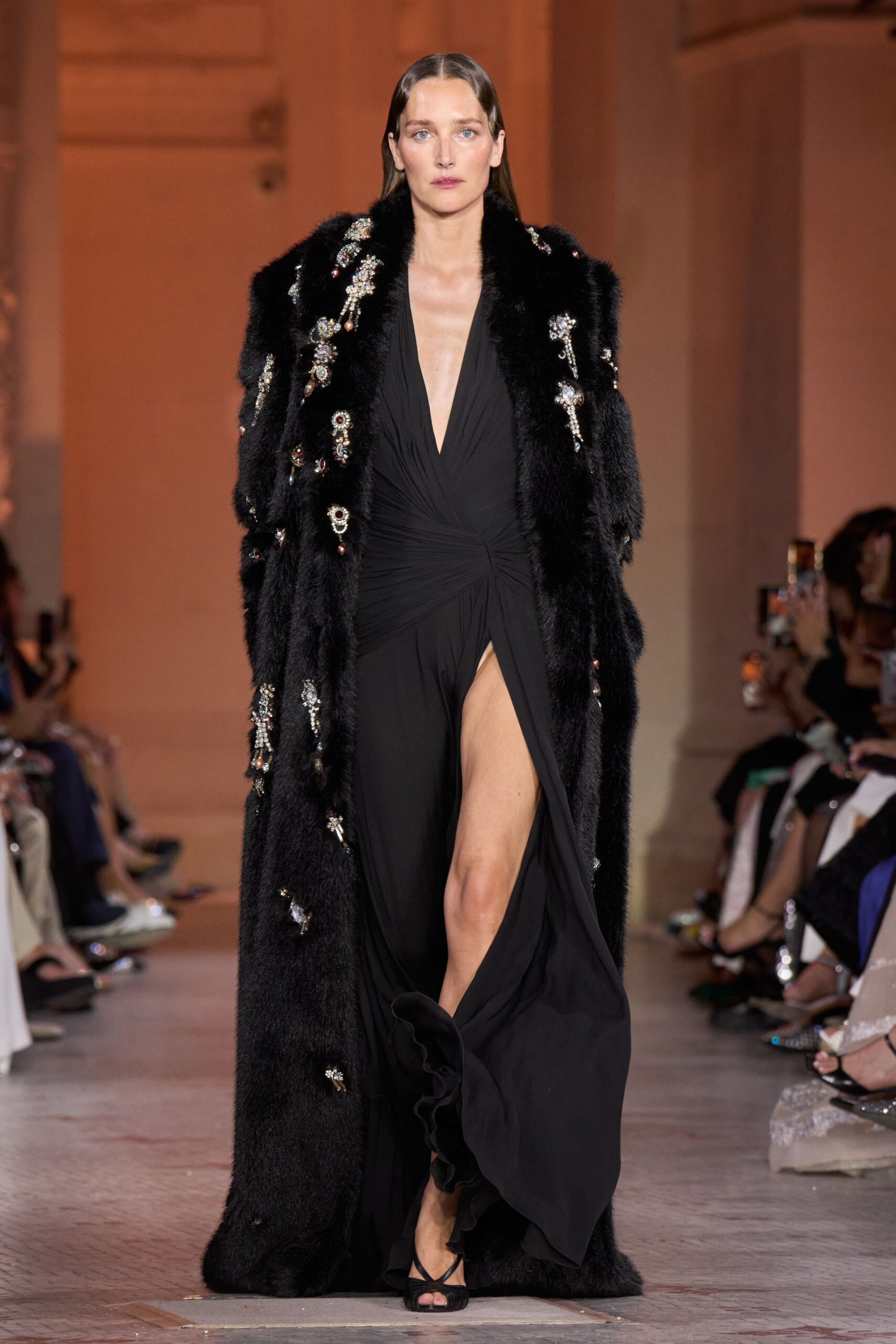 black silk sleeveless v-neck fitted draped embellished gown