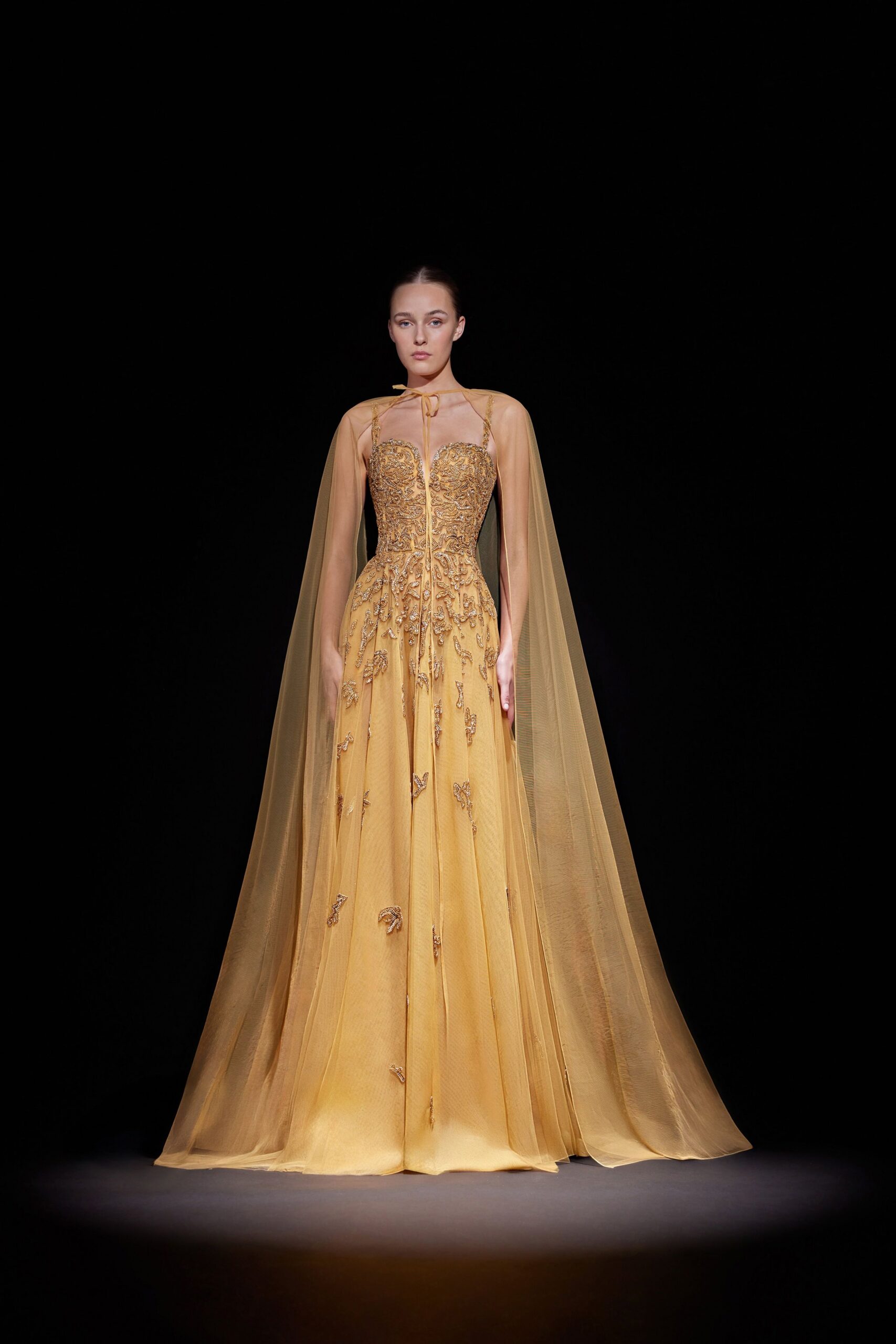yellow silk long-sleeve relaxed layered flowing cape