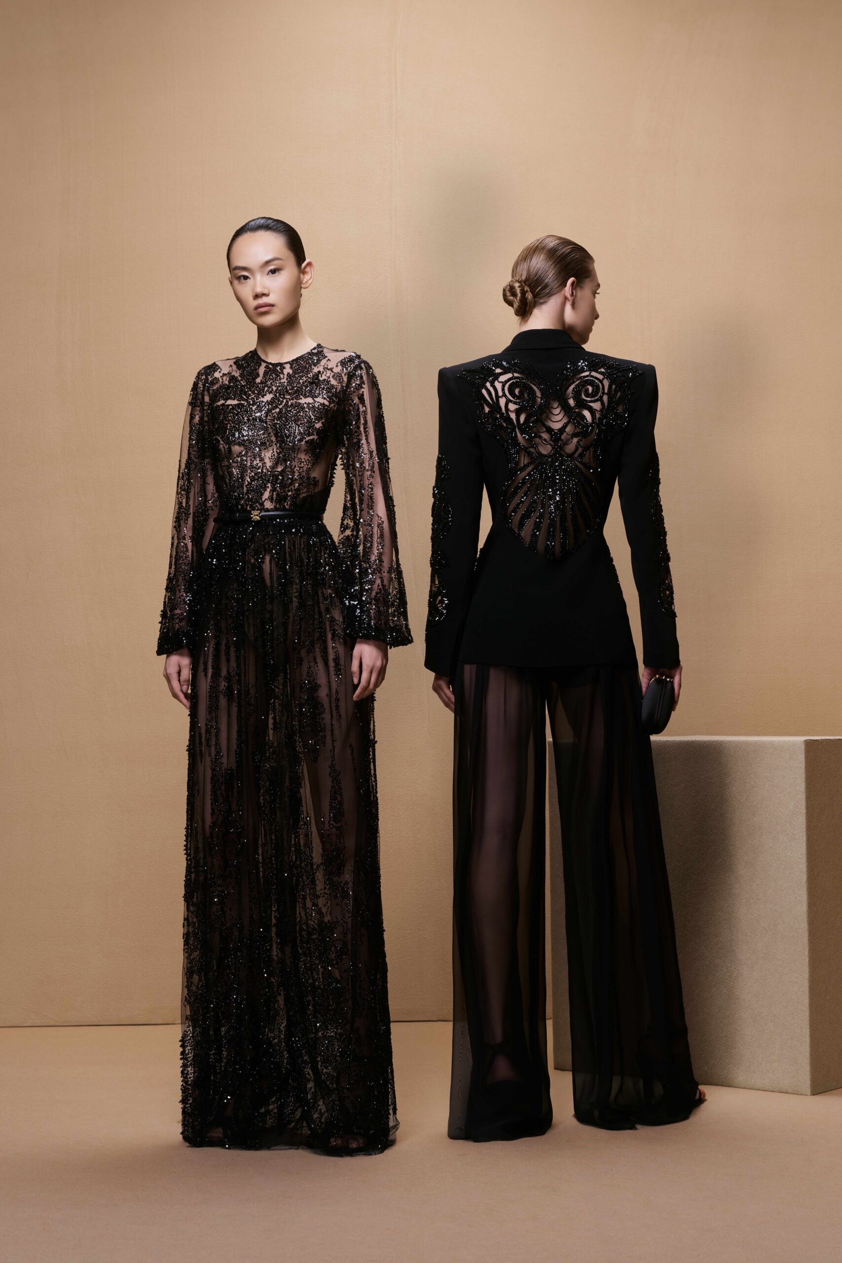 black silk long-sleeve collared fitted structured embroidered suit