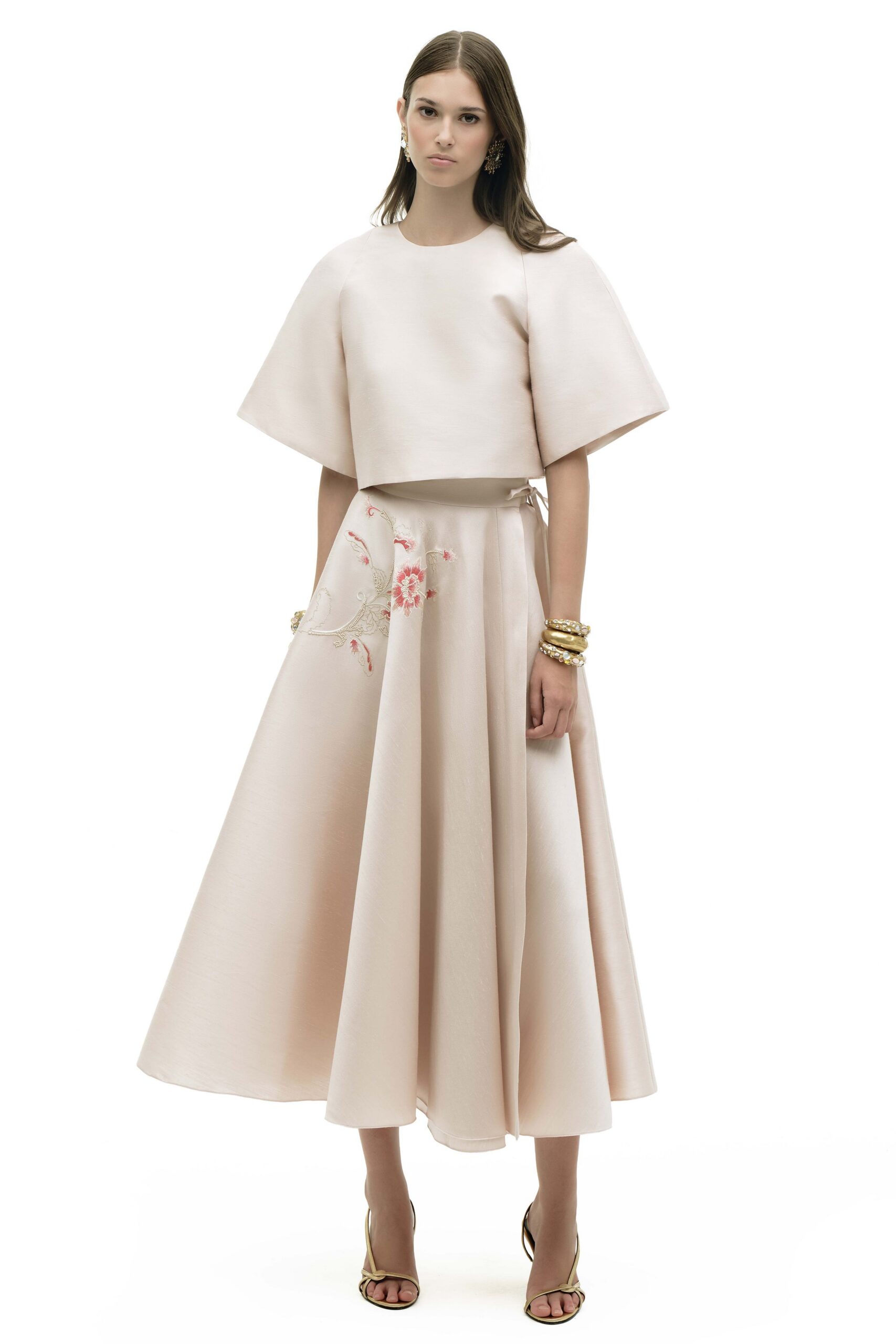 pink silk short-sleeve collared fitted embroidered top