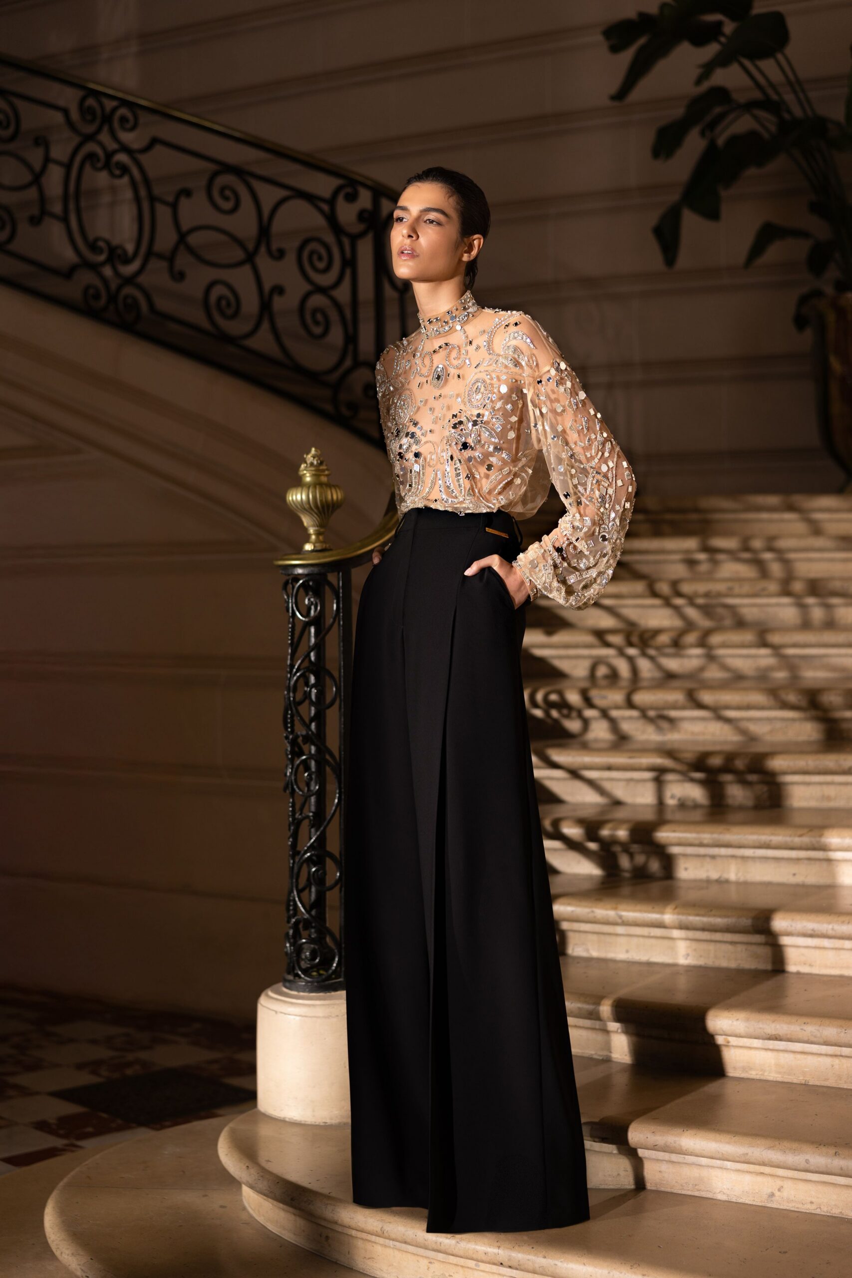 beige silk long-sleeve high-neck fitted embroidered beaded blouse