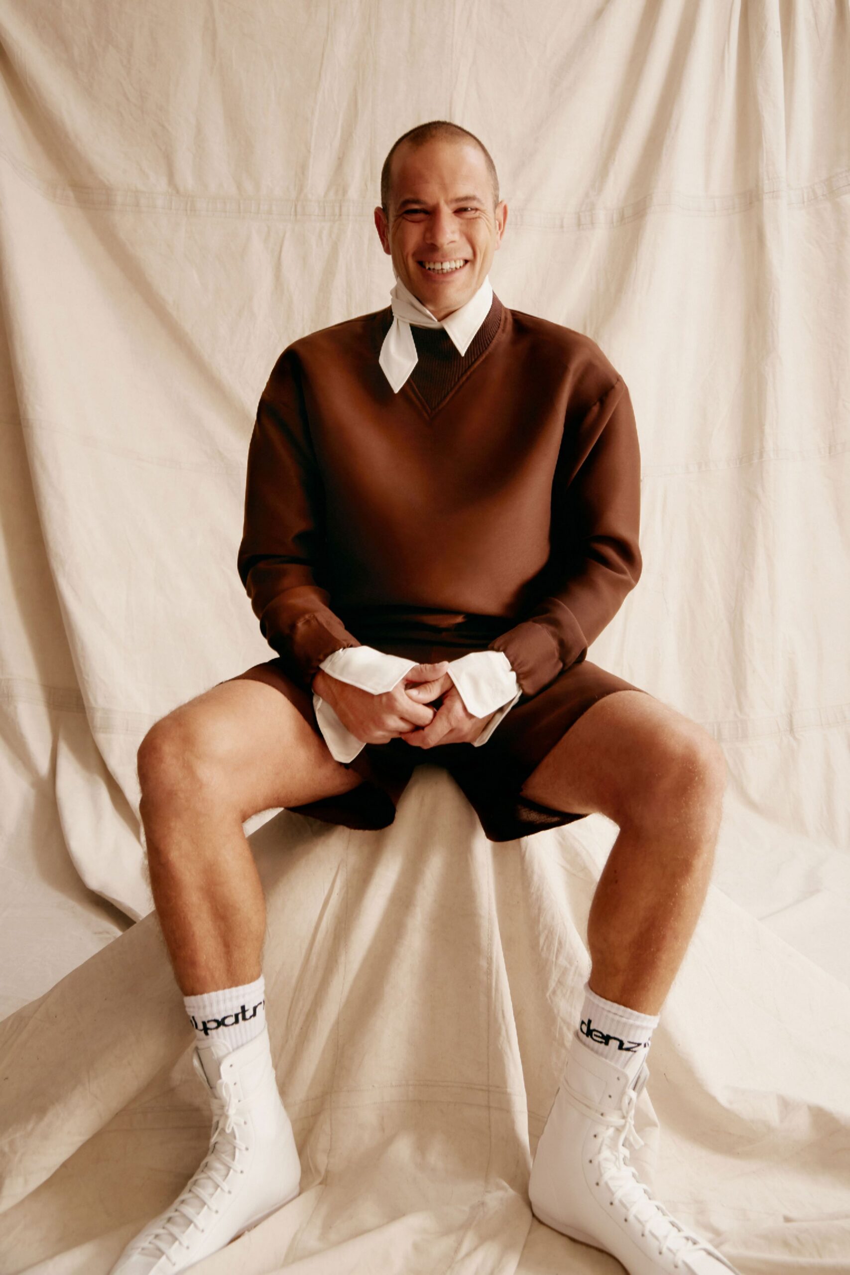 brown relaxed sweater and shorts