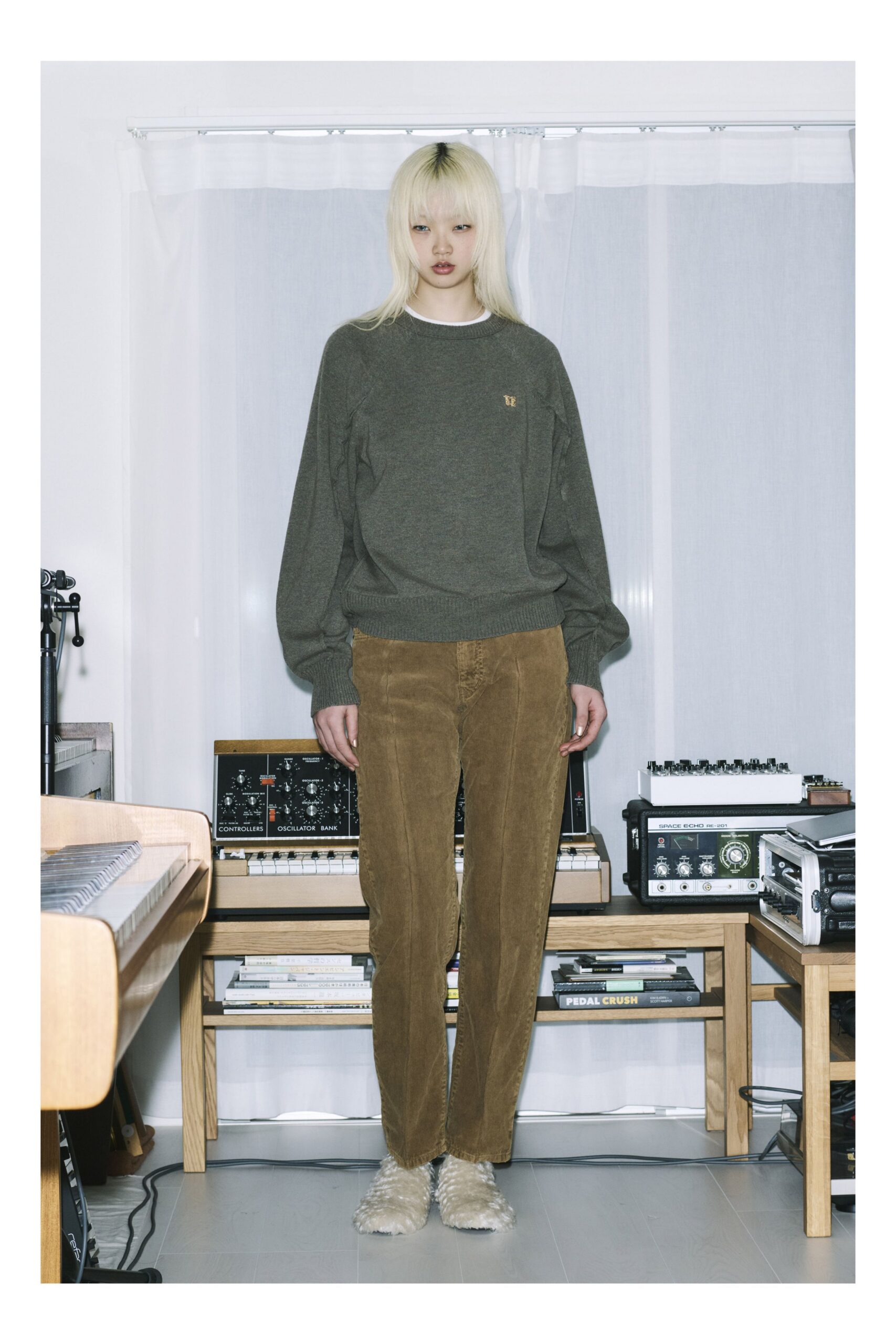 gray relaxed sweater brown pants
