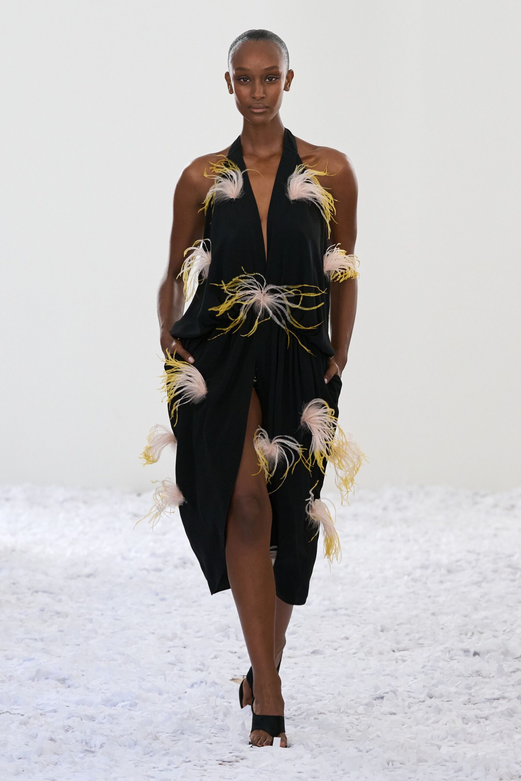 black silk sleeveless dress with fringes