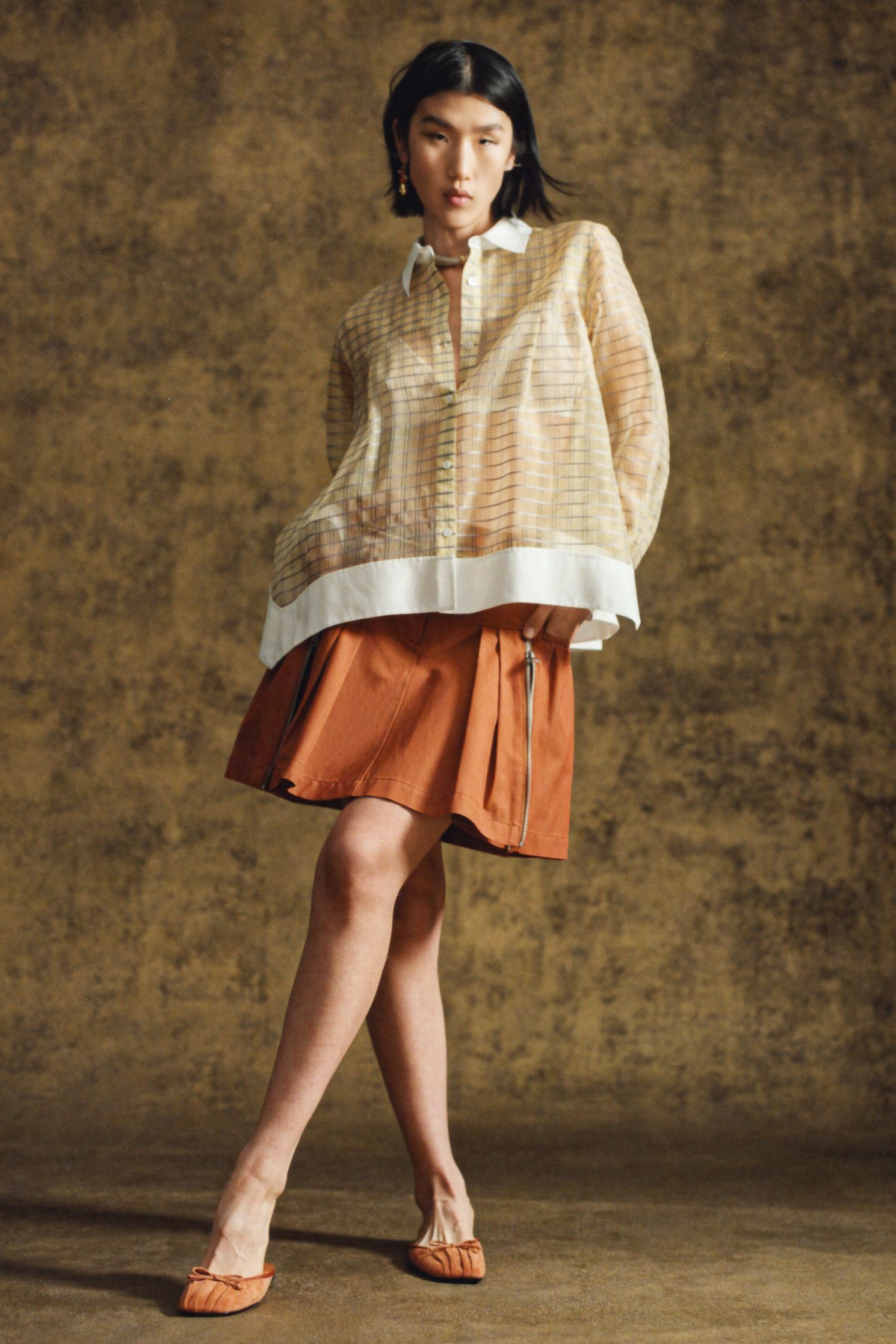 beige cotton long-sleeve collared relaxed layered shirt