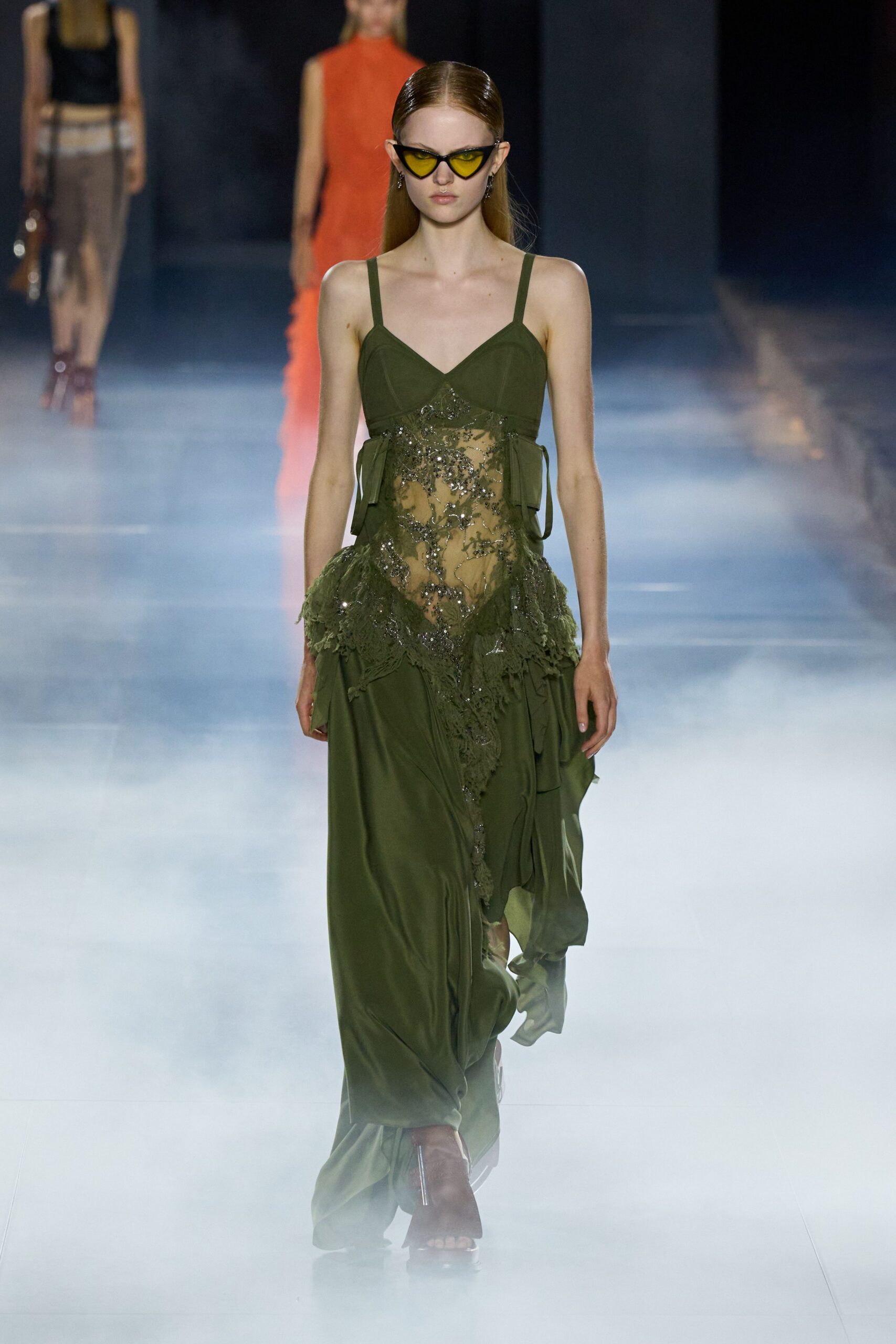 green silk sleeveless v-neck fitted draped embroidered dress